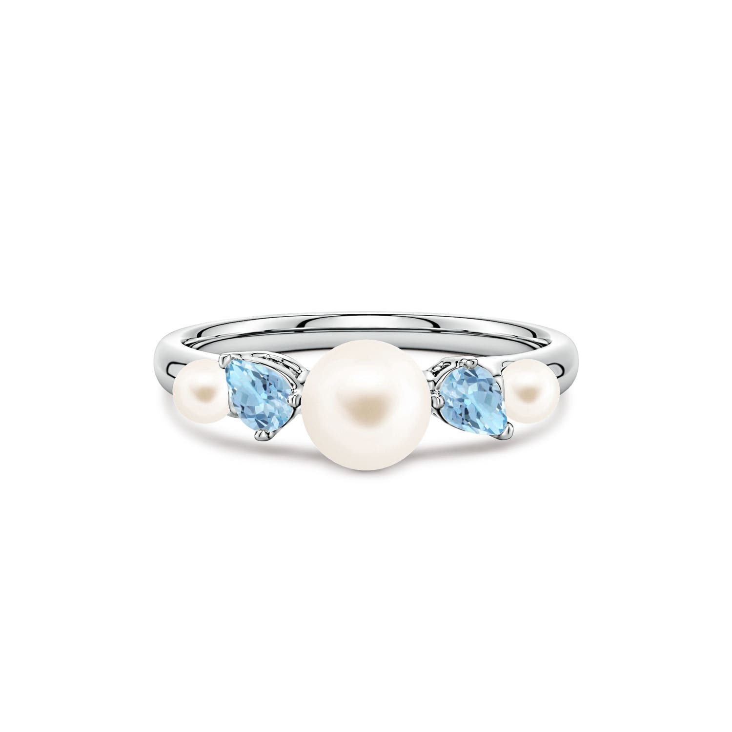 6mm AAA Freshwater Pearl and Tilted Pear Aquamarine Tapered Shank Ring in White Gold