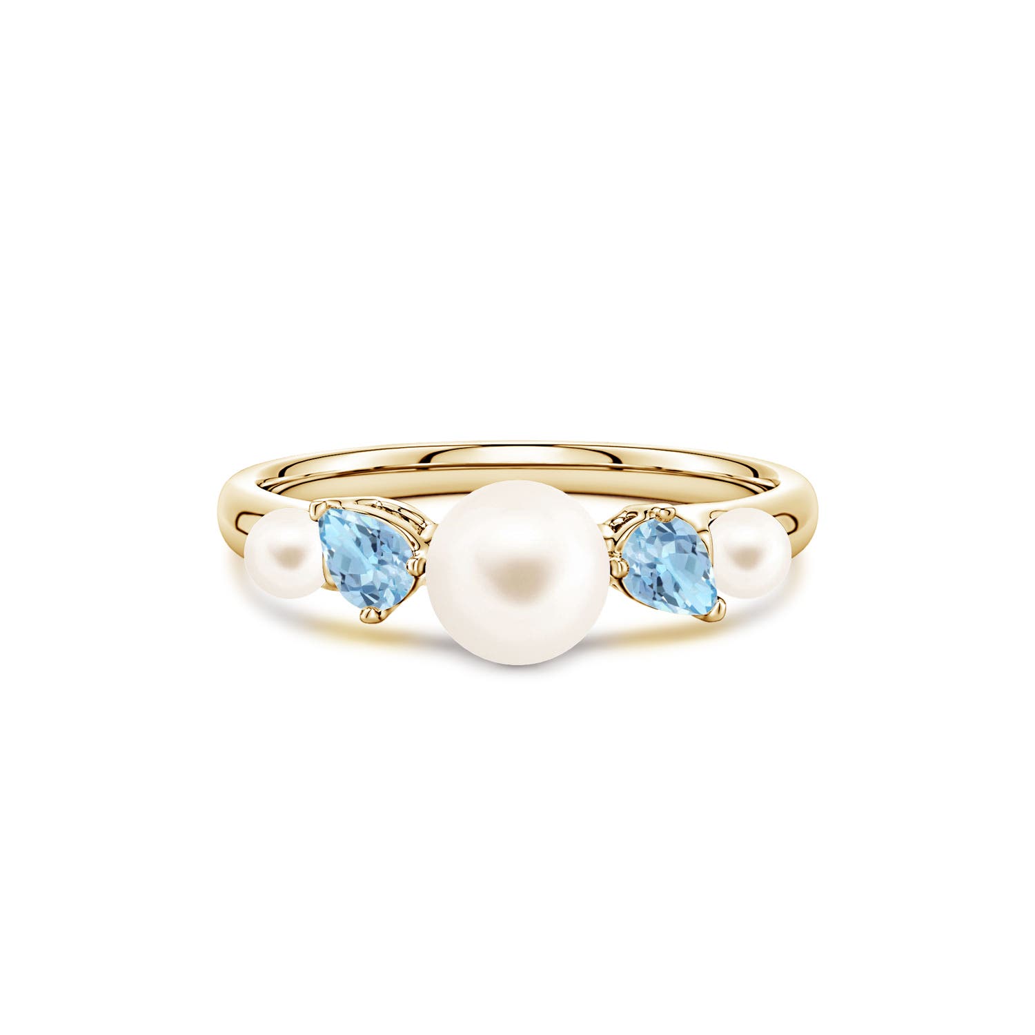 6mm AAA Freshwater Pearl and Tilted Pear Aquamarine Tapered Shank Ring in Yellow Gold