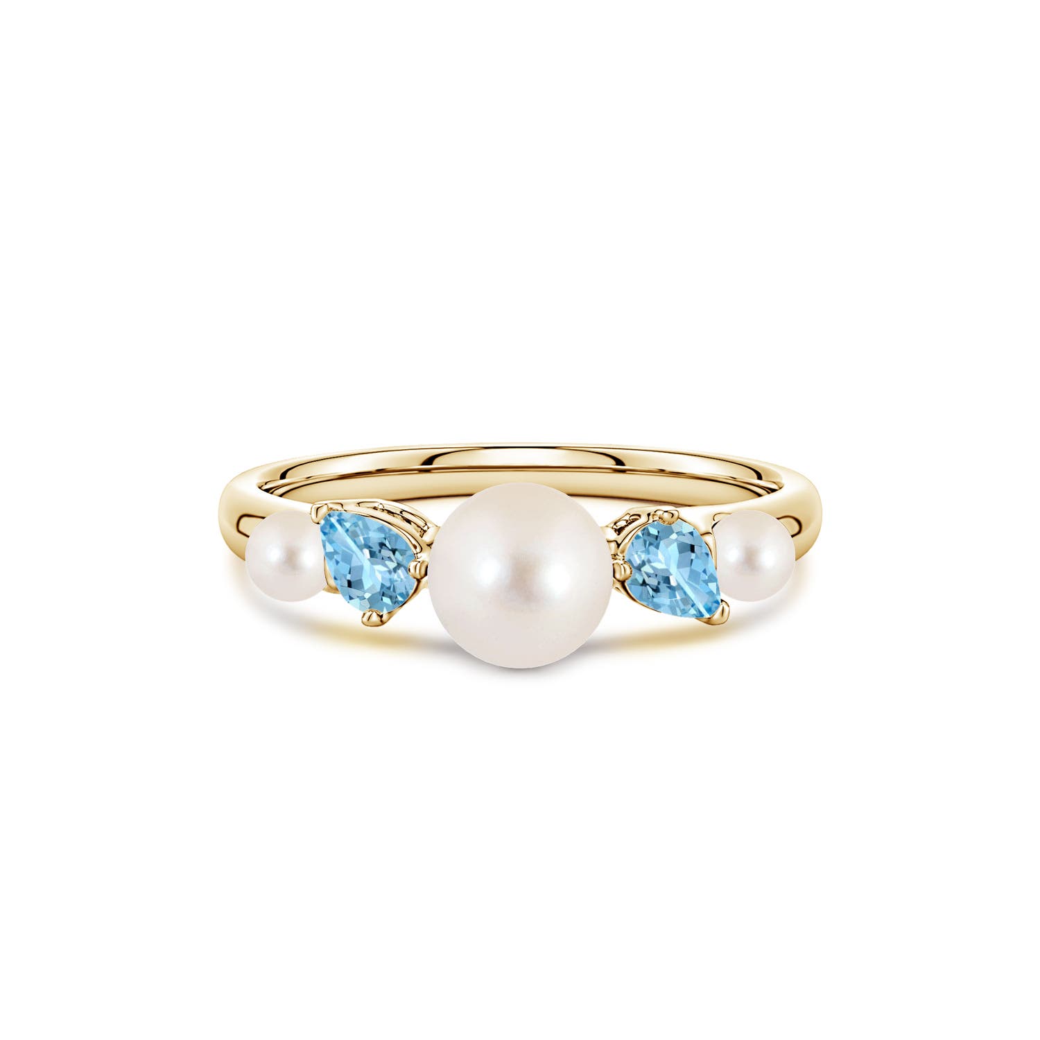 6mm AAAA Freshwater Pearl and Tilted Pear Aquamarine Tapered Shank Ring in 18K Yellow Gold