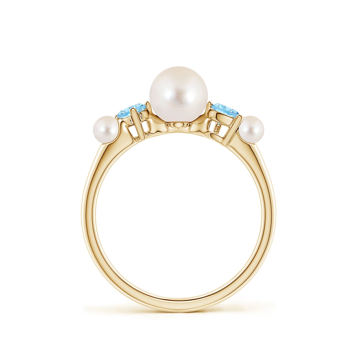 6mm AAAA Freshwater Pearl and Tilted Pear Aquamarine Tapered Shank Ring in Yellow Gold