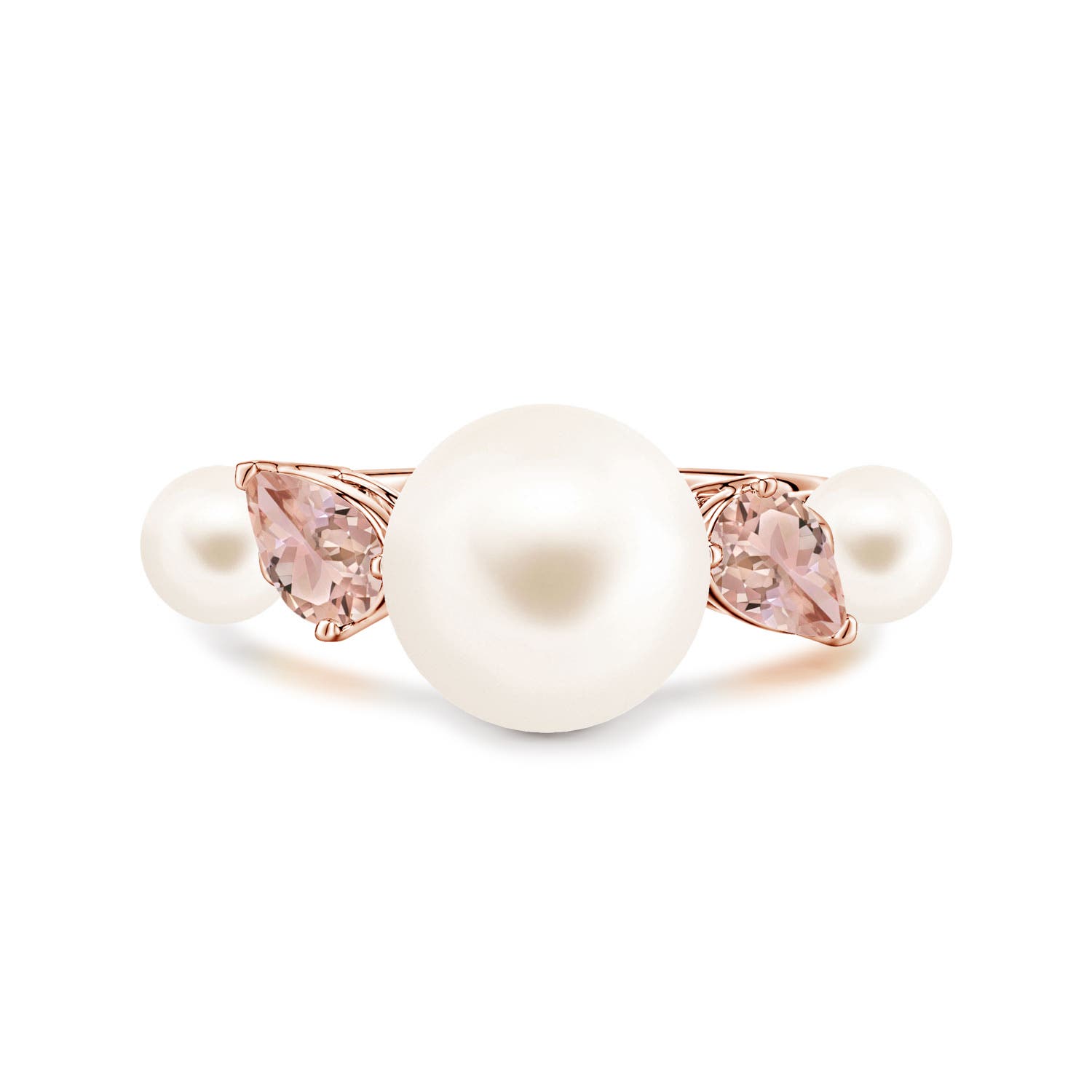 10mm AAA Freshwater Pearl and Tilted Pear Morganite Tapered Shank Ring in Rose Gold