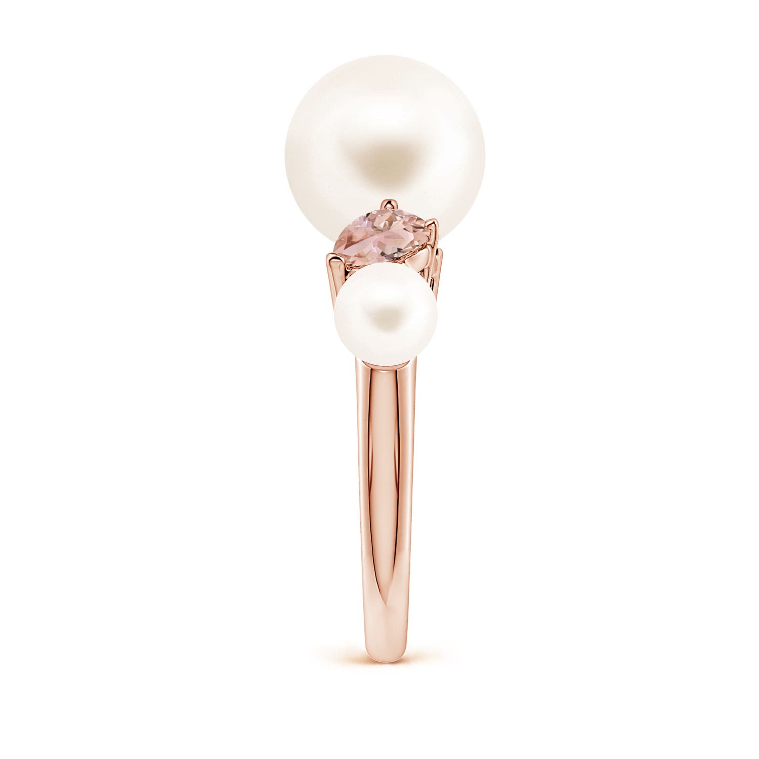 10mm AAA Freshwater Pearl and Tilted Pear Morganite Tapered Shank Ring in Rose Gold - side 3