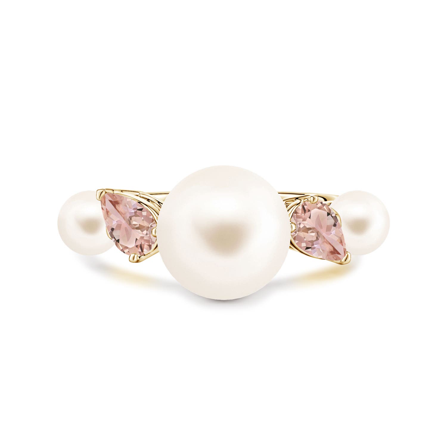 10mm AAA Freshwater Pearl and Tilted Pear Morganite Tapered Shank Ring in Yellow Gold