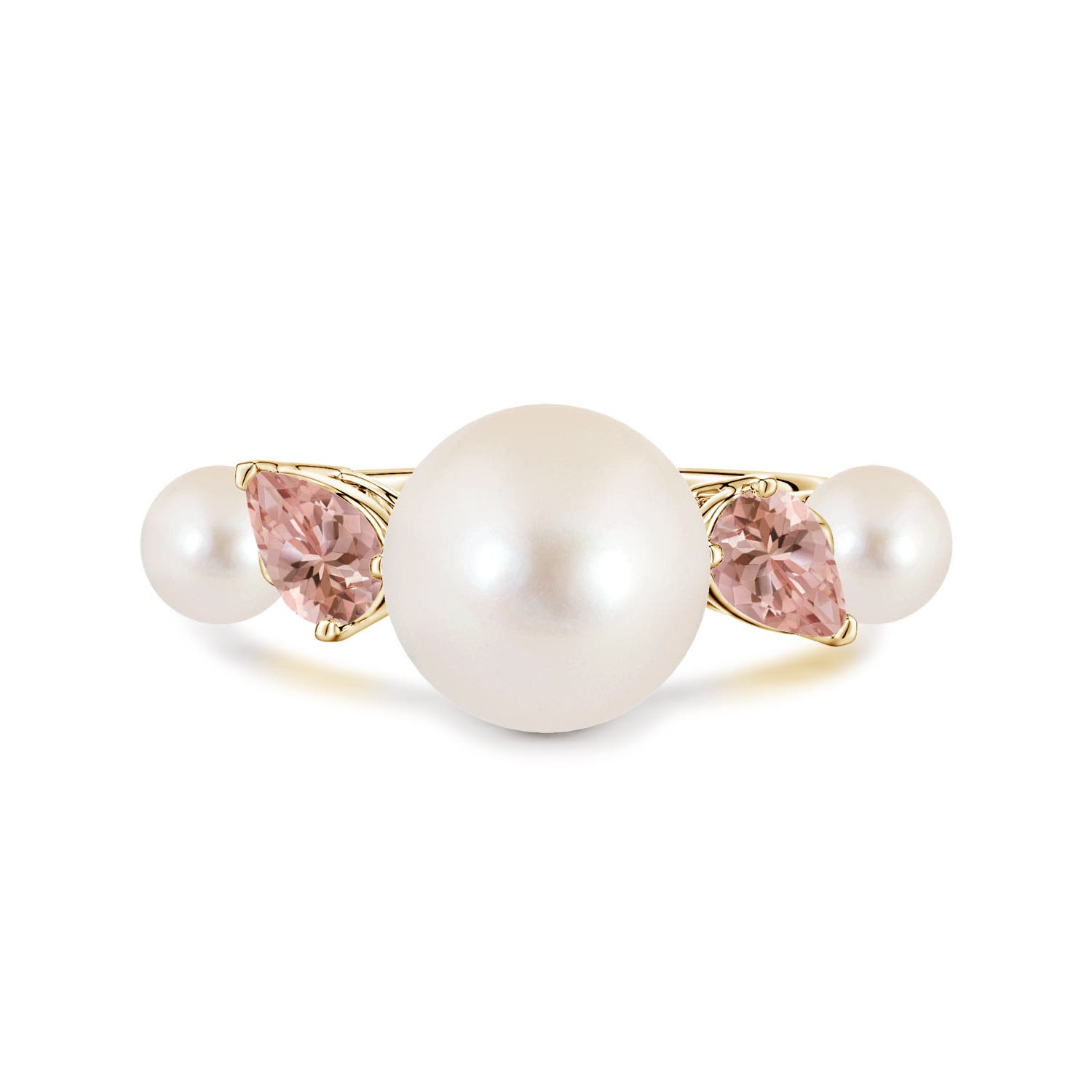 10mm AAAA Freshwater Pearl and Tilted Pear Morganite Tapered Shank Ring in Yellow Gold