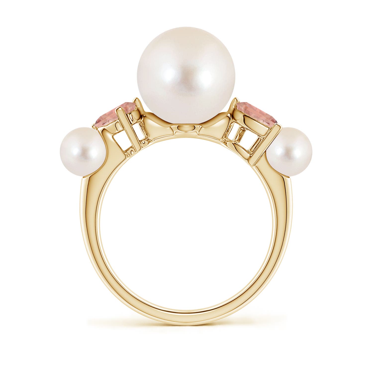10mm AAAA Freshwater Pearl and Tilted Pear Morganite Tapered Shank Ring in Yellow Gold