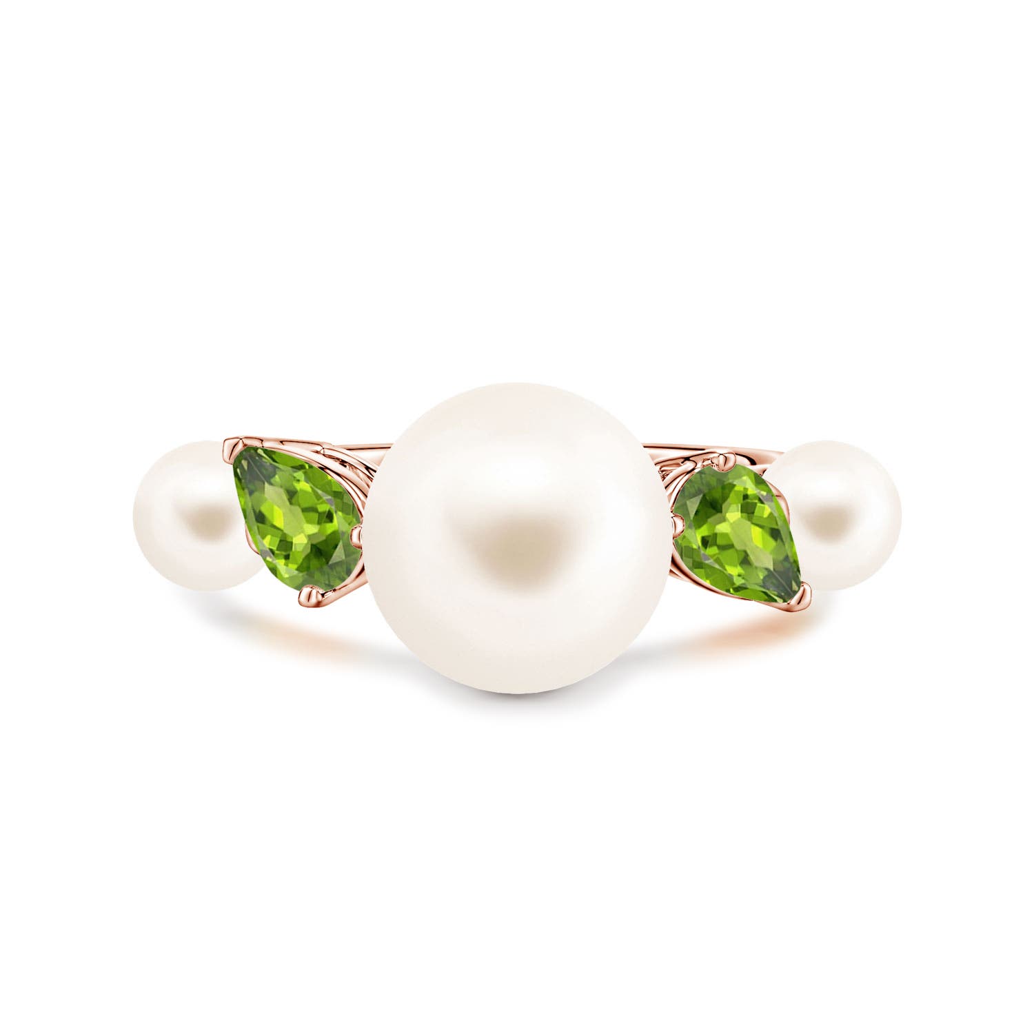 10mm AAA Freshwater Pearl and Tilted Pear Peridot Tapered Shank Ring in 18K Rose Gold