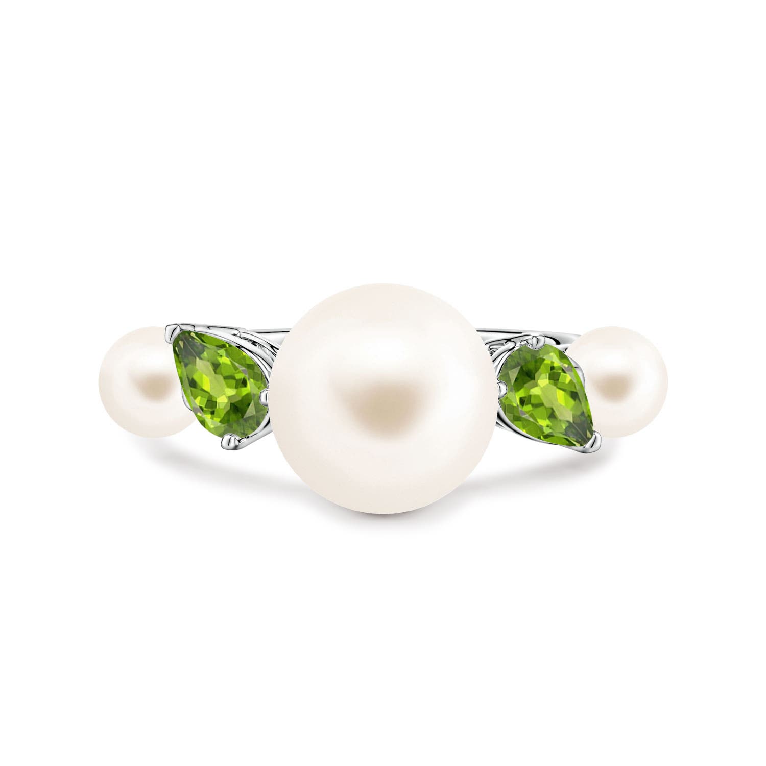 10mm AAA Freshwater Pearl and Tilted Pear Peridot Tapered Shank Ring in 18K White Gold