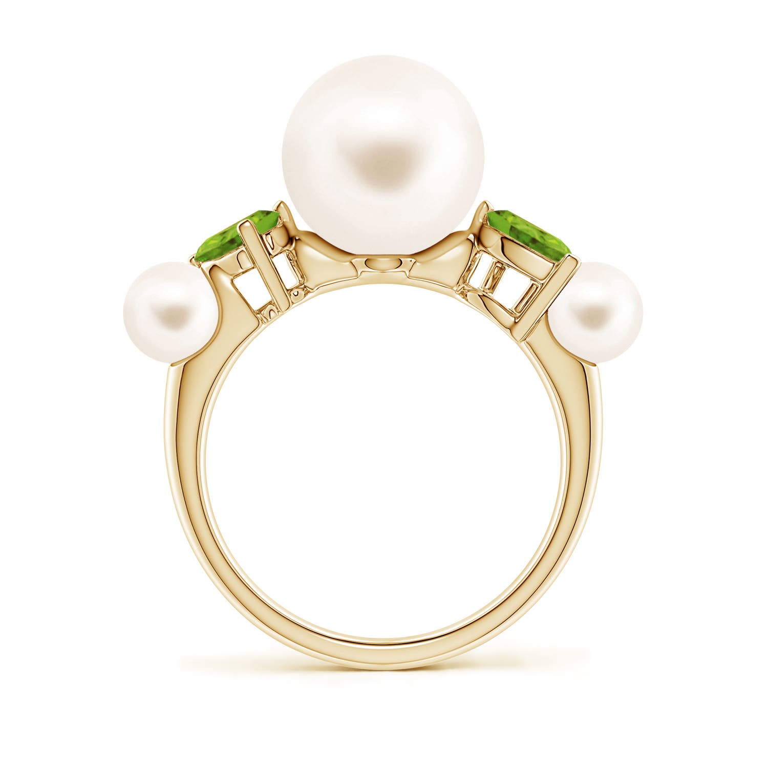 10mm AAA Freshwater Pearl and Tilted Pear Peridot Tapered Shank Ring in 18K Yellow Gold