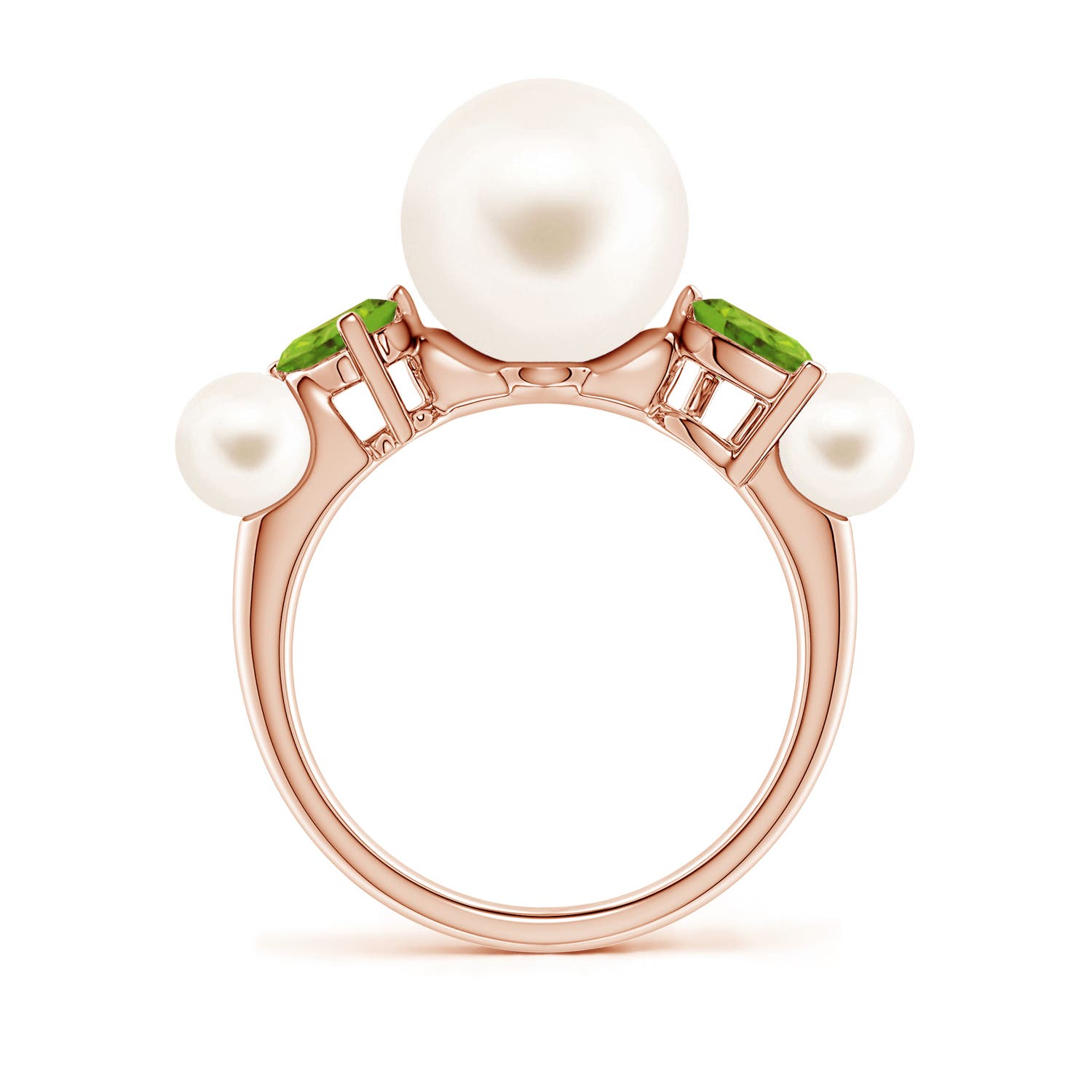 10mm AAA Freshwater Pearl and Tilted Pear Peridot Tapered Shank Ring in Rose Gold