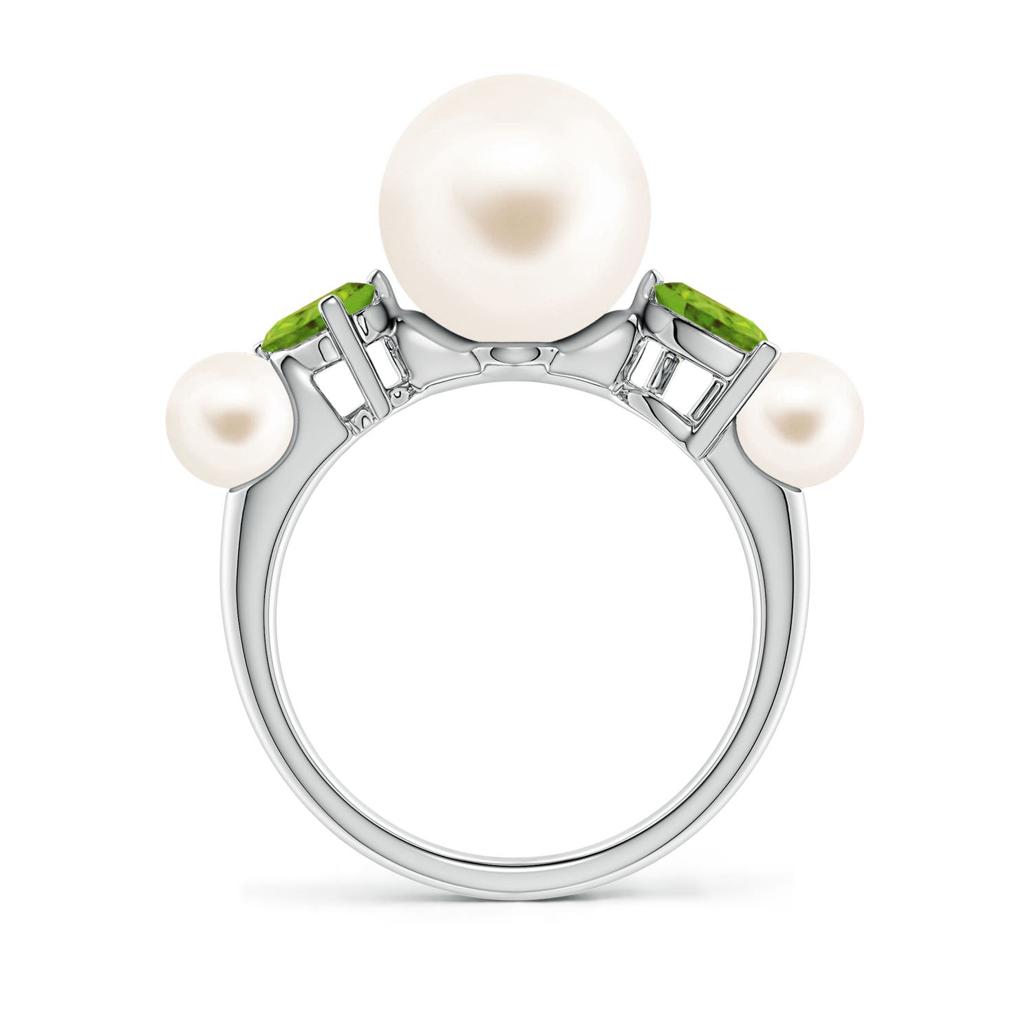 10mm AAA Freshwater Pearl and Tilted Pear Peridot Tapered Shank Ring in White Gold