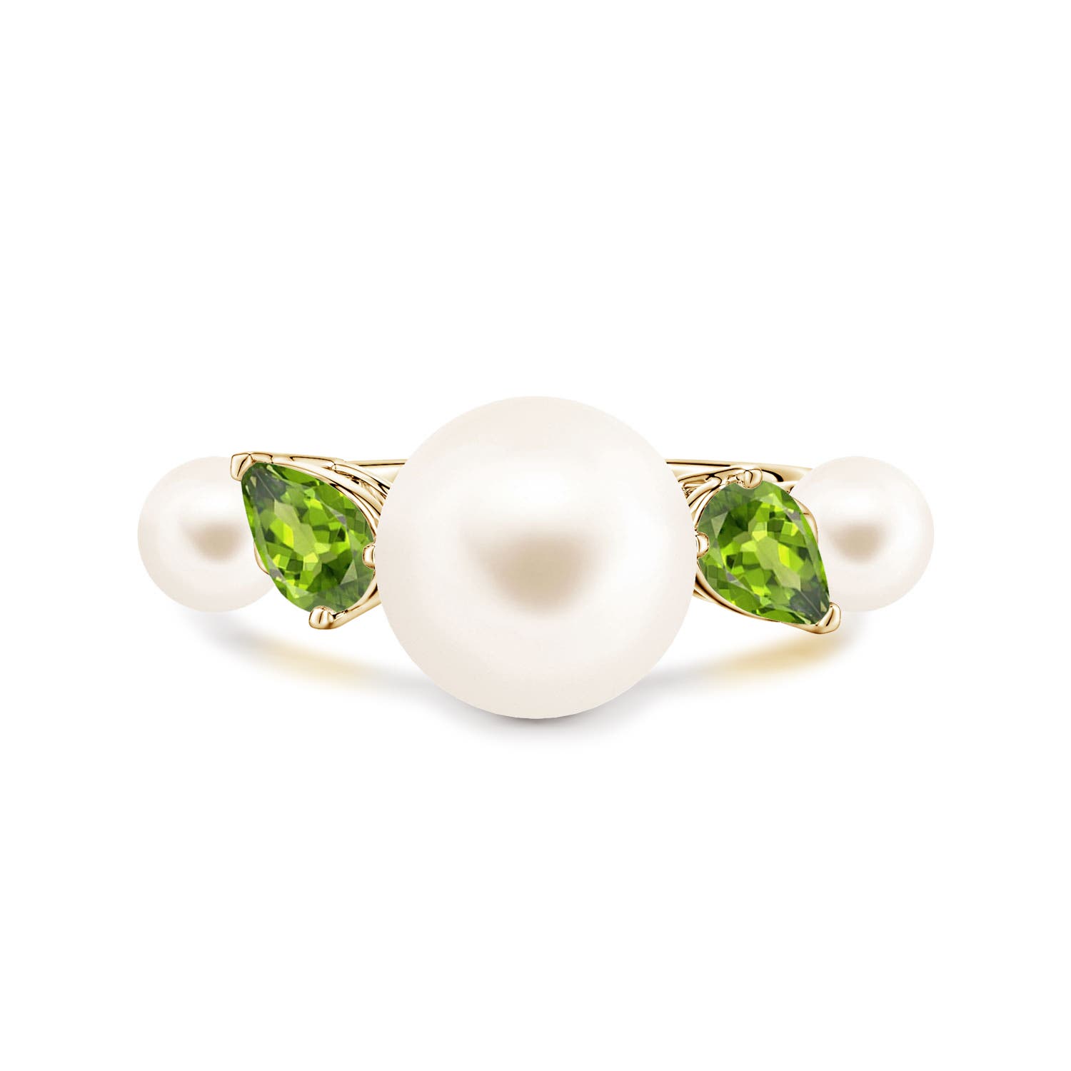 10mm AAA Freshwater Pearl and Tilted Pear Peridot Tapered Shank Ring in Yellow Gold