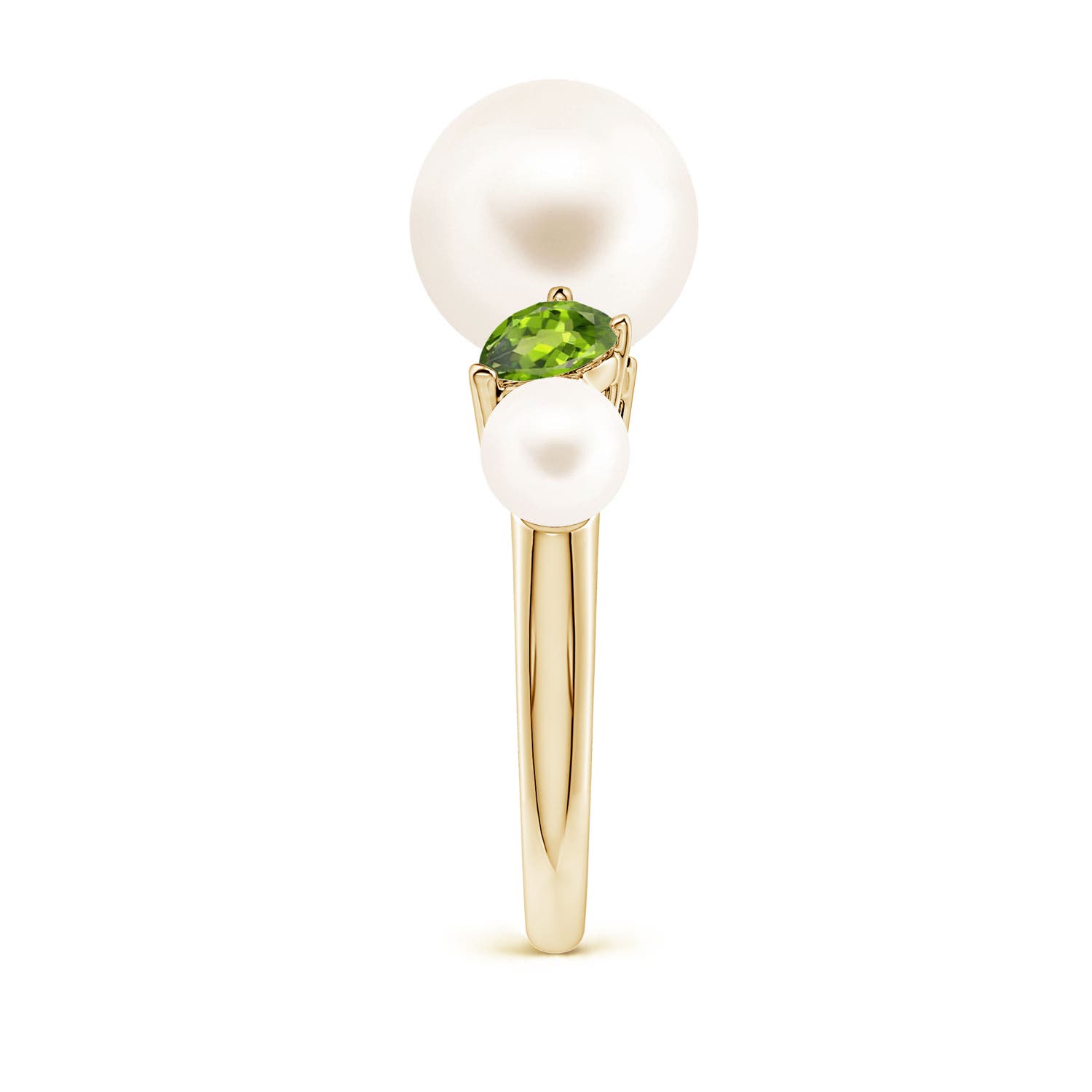 10mm AAA Freshwater Pearl and Tilted Pear Peridot Tapered Shank Ring in Yellow Gold - side 3
