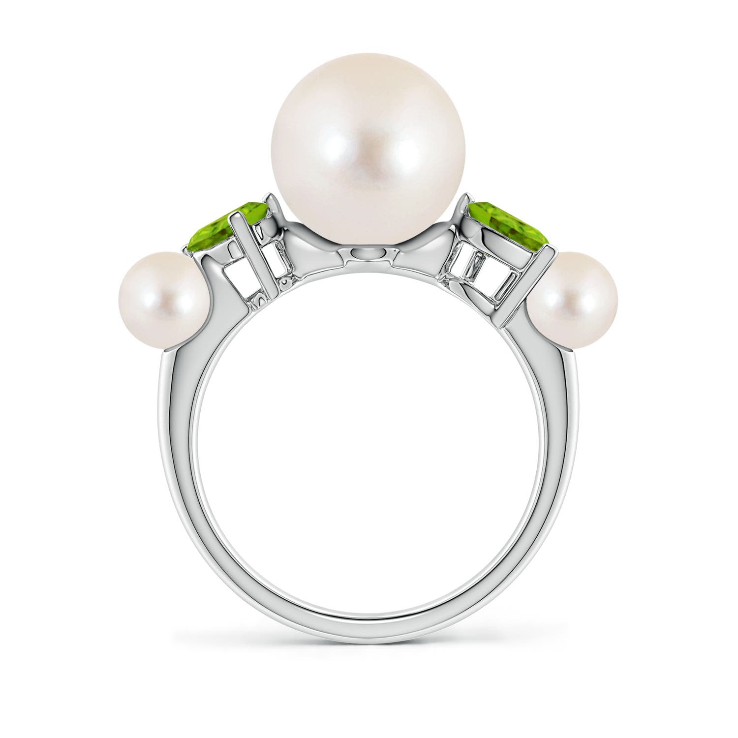 10mm AAAA Freshwater Pearl and Tilted Pear Peridot Tapered Shank Ring in White Gold
