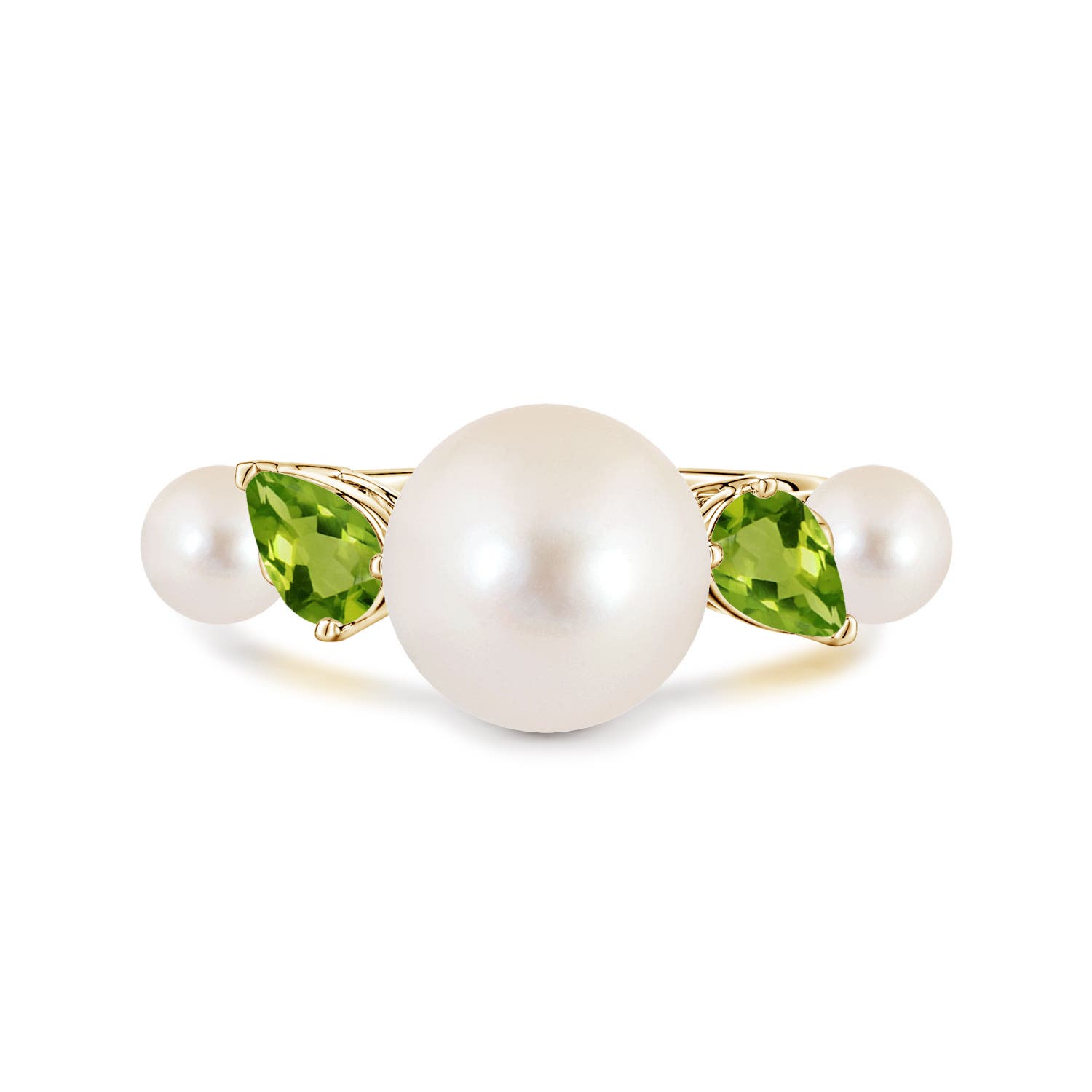 10mm AAAA Freshwater Pearl and Tilted Pear Peridot Tapered Shank Ring in Yellow Gold