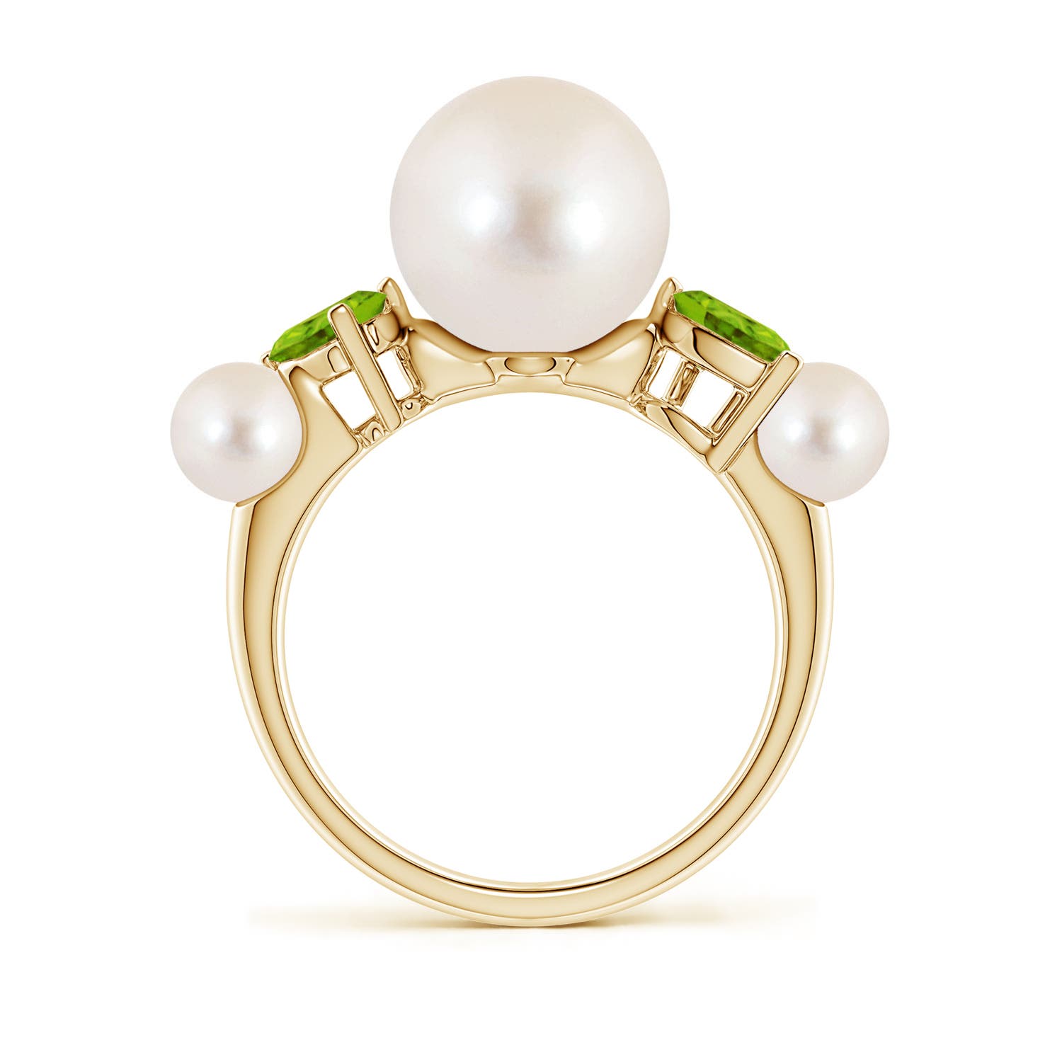 10mm AAAA Freshwater Pearl and Tilted Pear Peridot Tapered Shank Ring in Yellow Gold