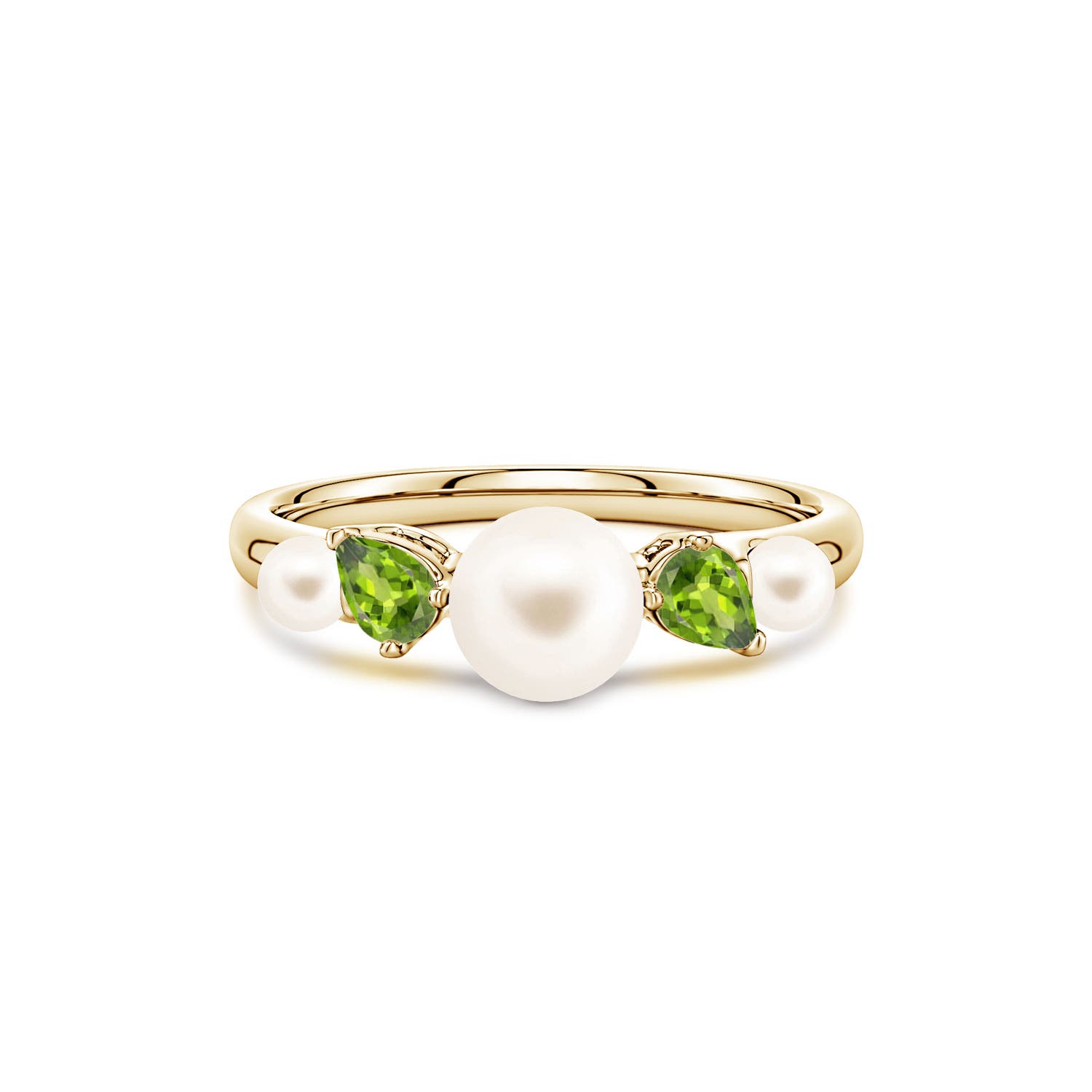 6mm AAA Freshwater Pearl and Tilted Pear Peridot Tapered Shank Ring in Yellow Gold