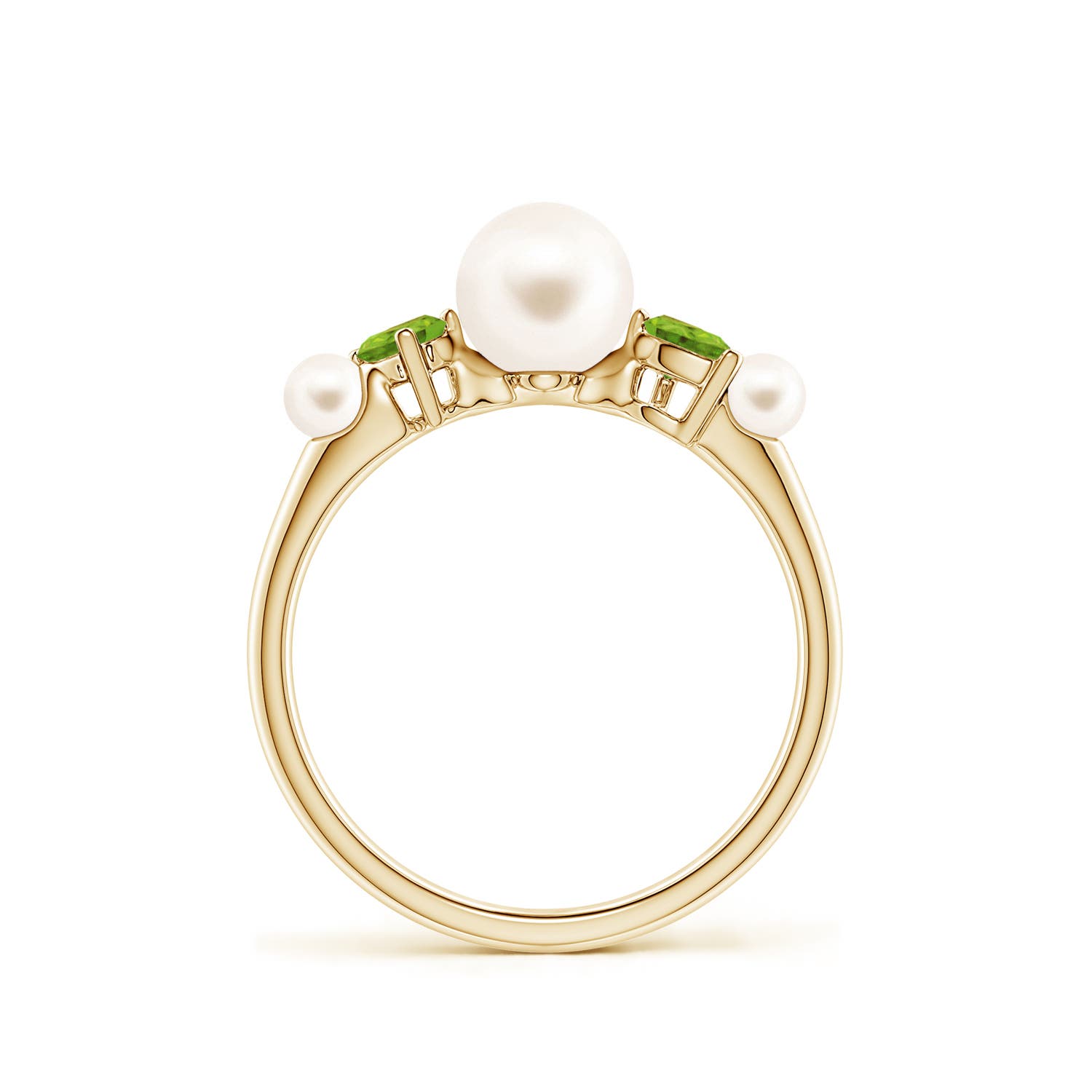 6mm AAA Freshwater Pearl and Tilted Pear Peridot Tapered Shank Ring in Yellow Gold