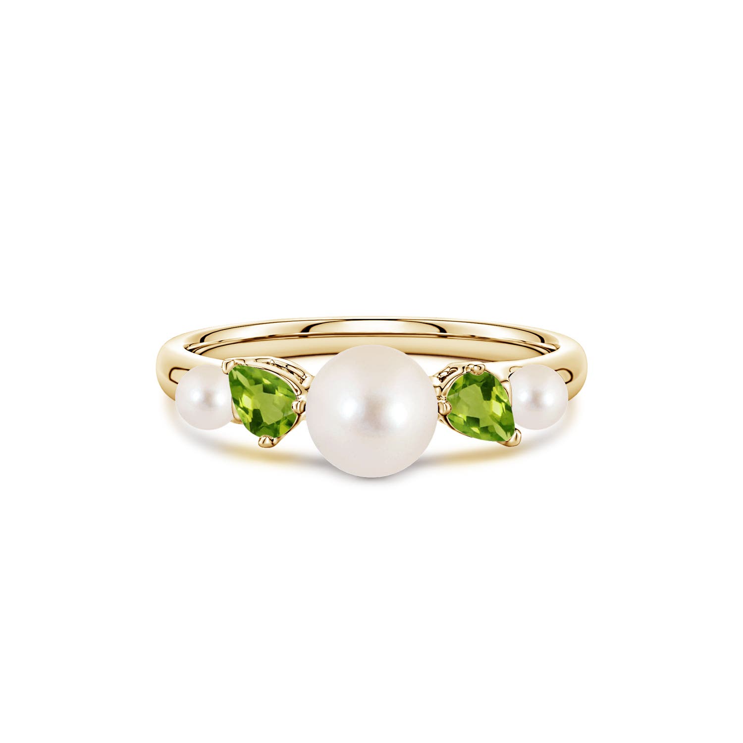 6mm AAAA Freshwater Pearl and Tilted Pear Peridot Tapered Shank Ring in Yellow Gold