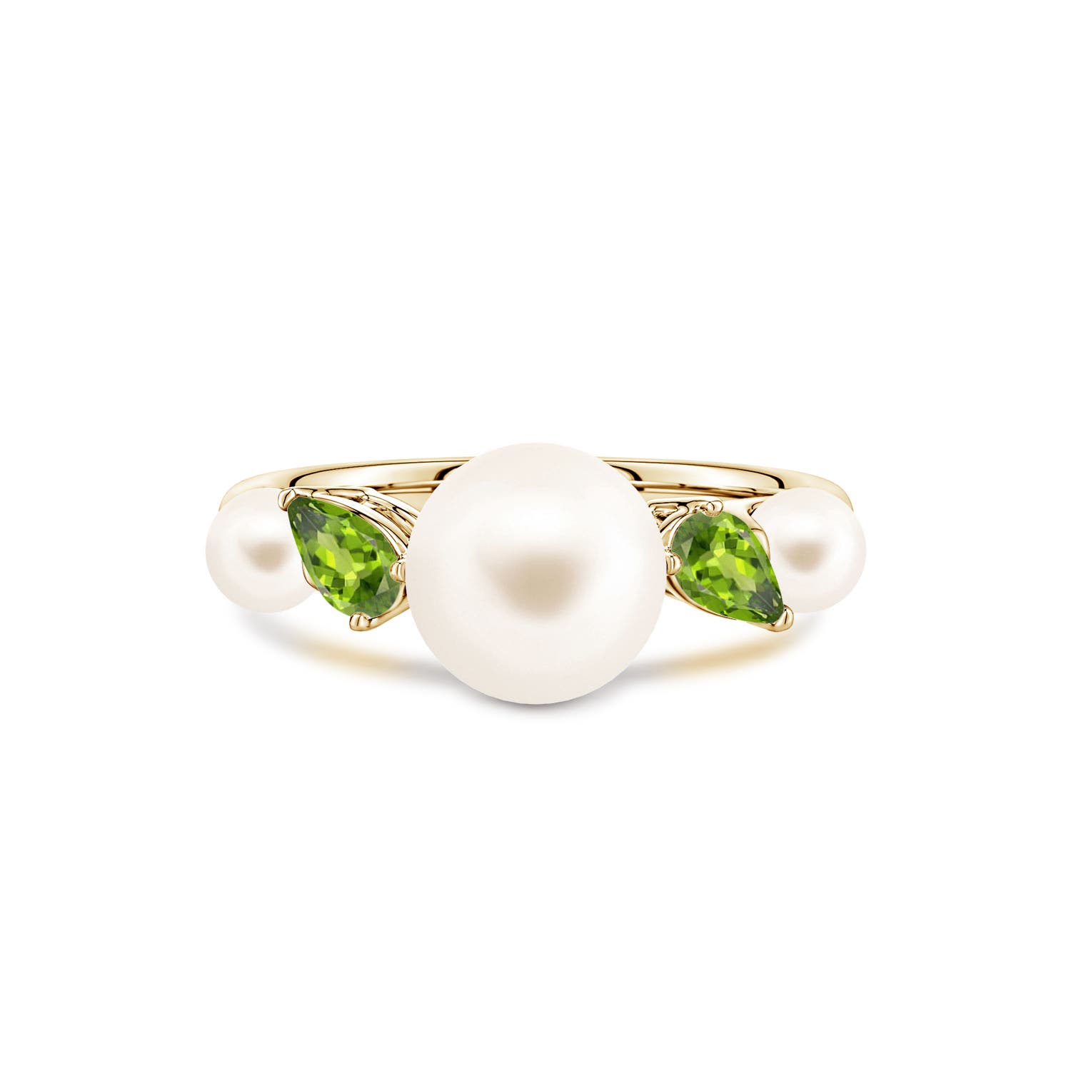 8mm AAA Freshwater Pearl and Tilted Pear Peridot Tapered Shank Ring in Yellow Gold