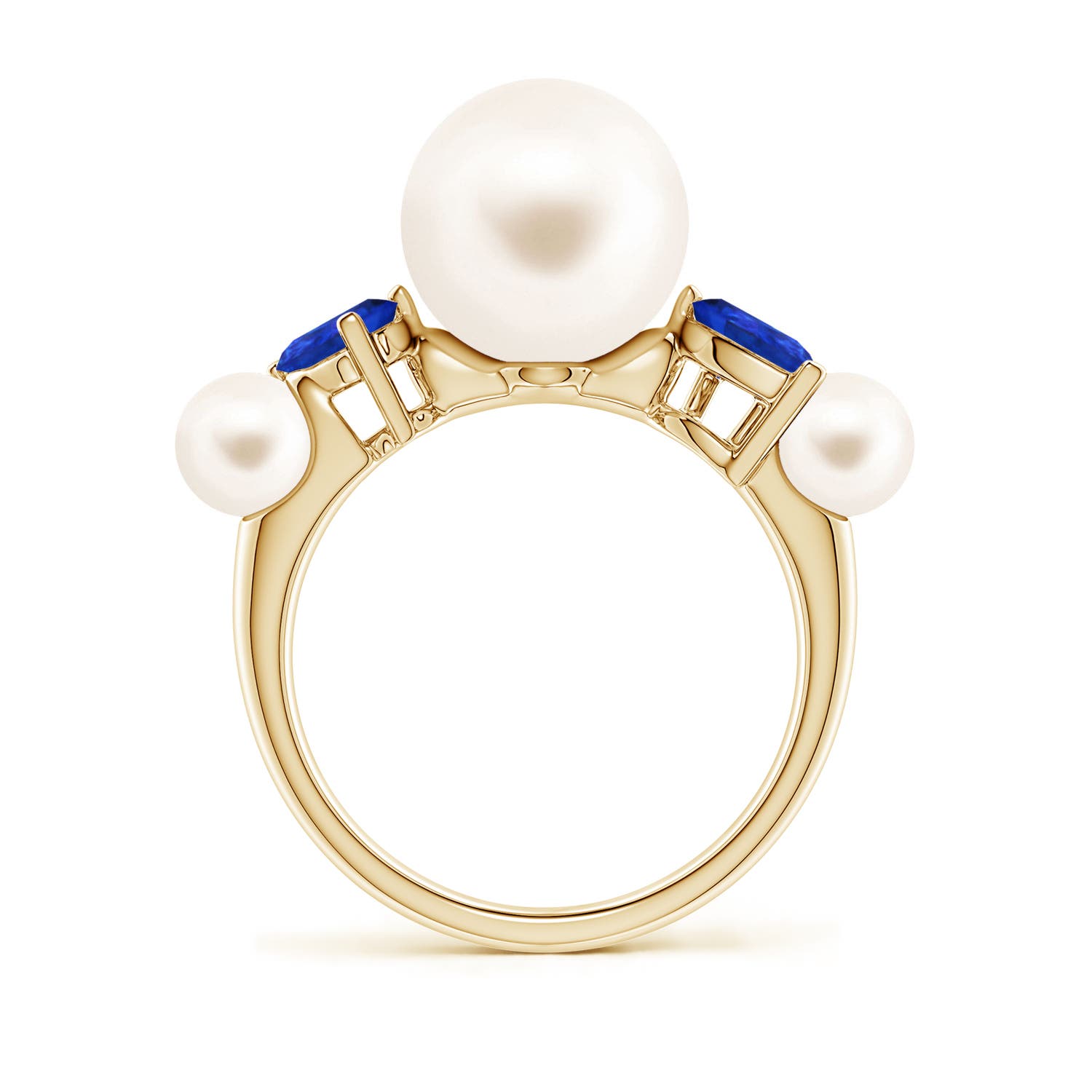 10mm AAA Freshwater Pearl and Tilted Pear Tanzanite Tapered Shank Ring in 18K Yellow Gold