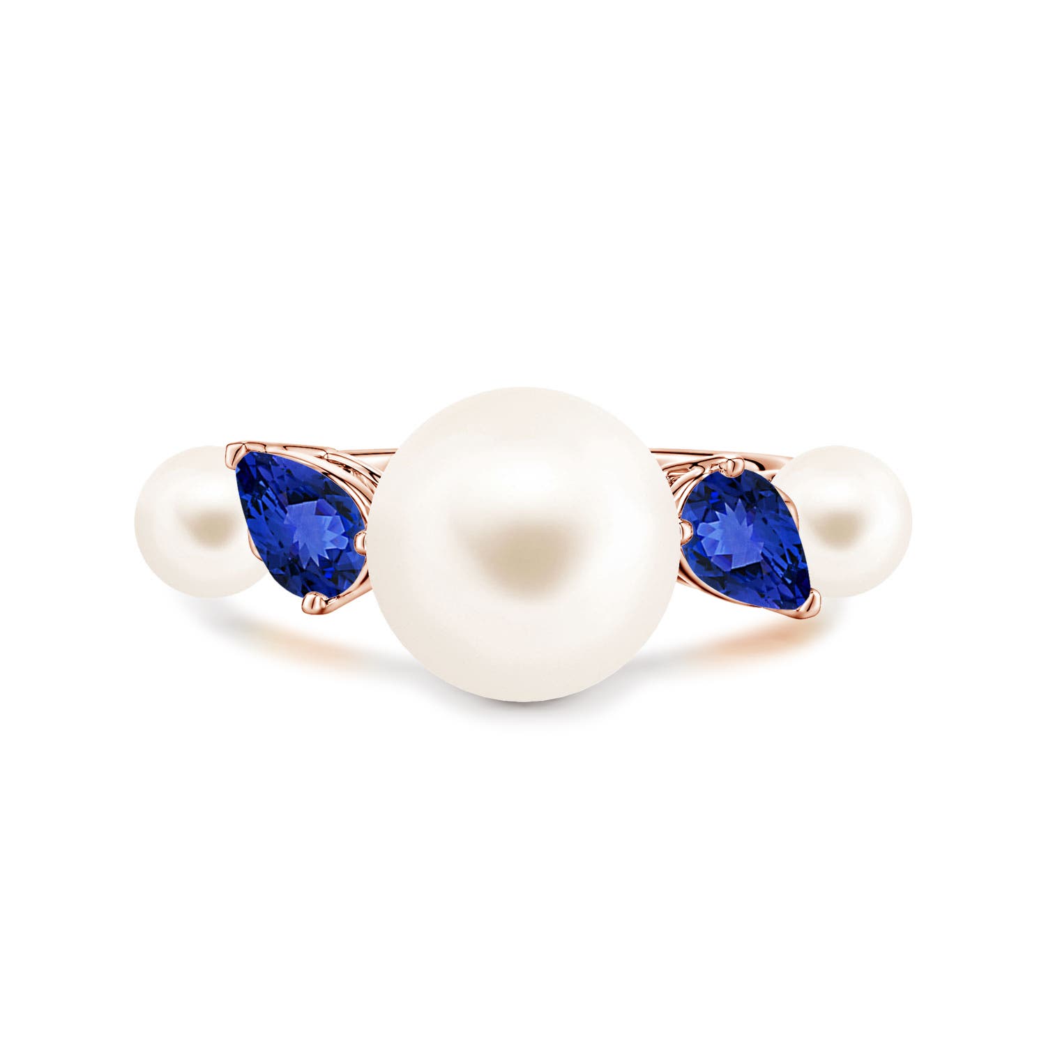 10mm AAA Freshwater Pearl and Tilted Pear Tanzanite Tapered Shank Ring in Rose Gold