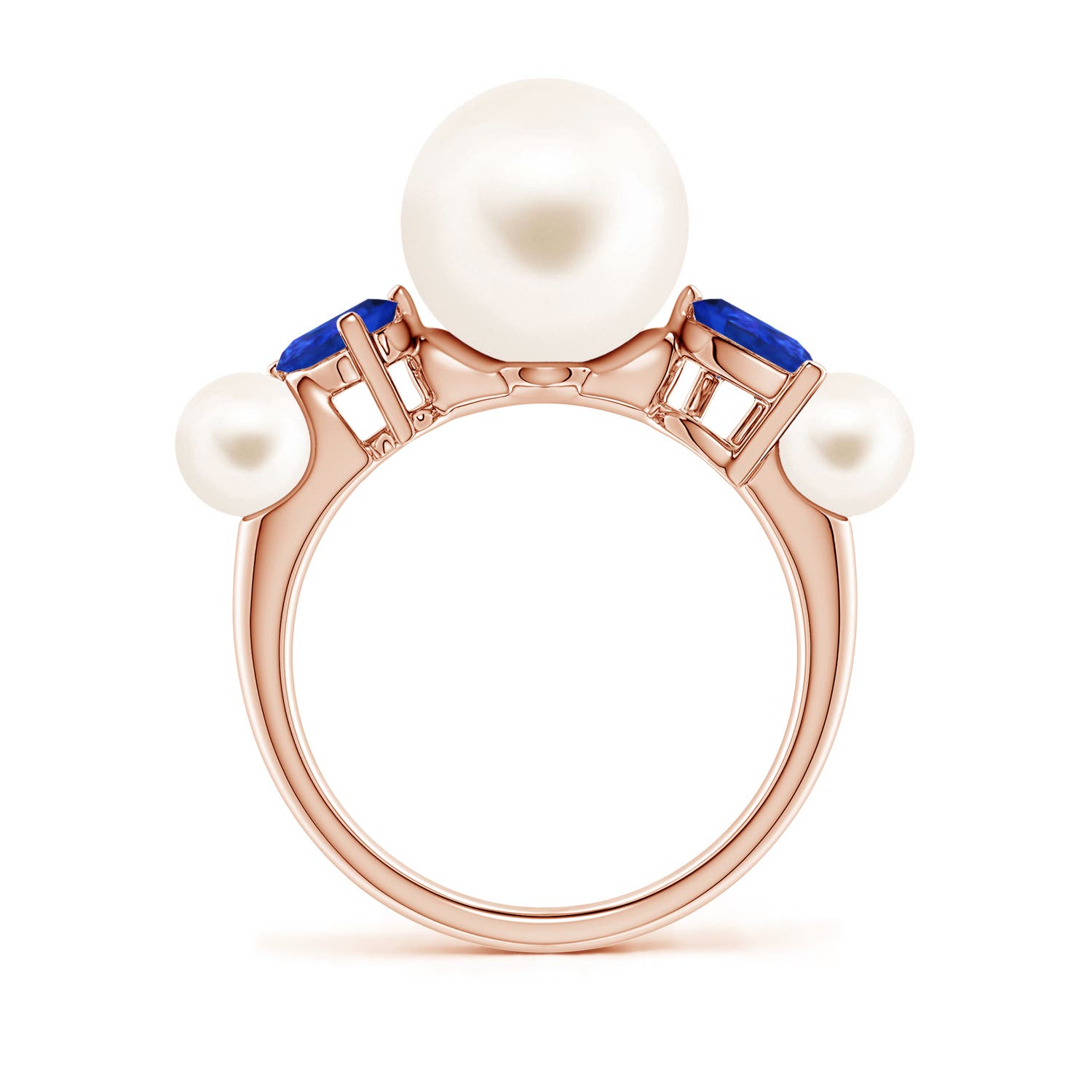 10mm AAA Freshwater Pearl and Tilted Pear Tanzanite Tapered Shank Ring in Rose Gold