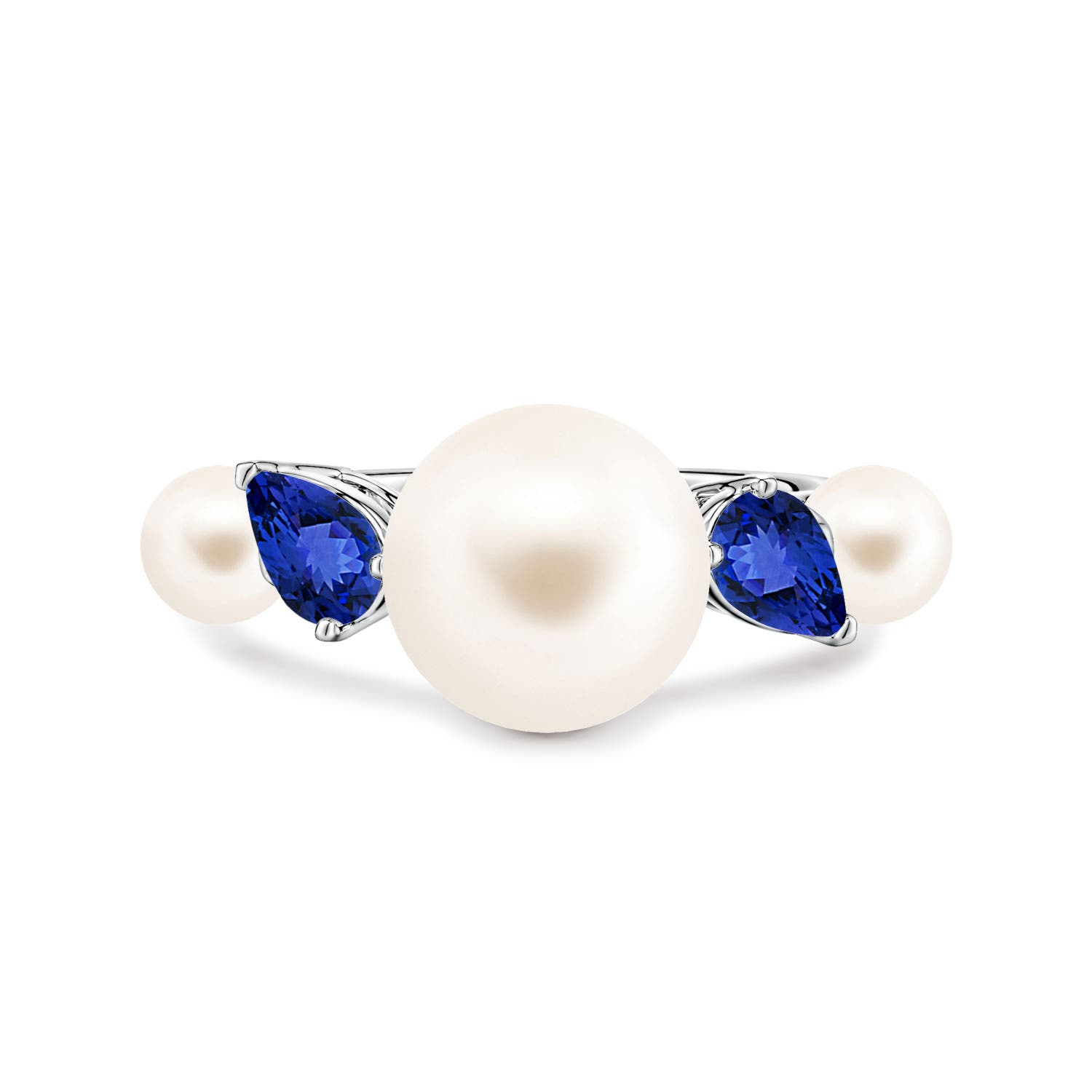 10mm AAA Freshwater Pearl and Tilted Pear Tanzanite Tapered Shank Ring in White Gold