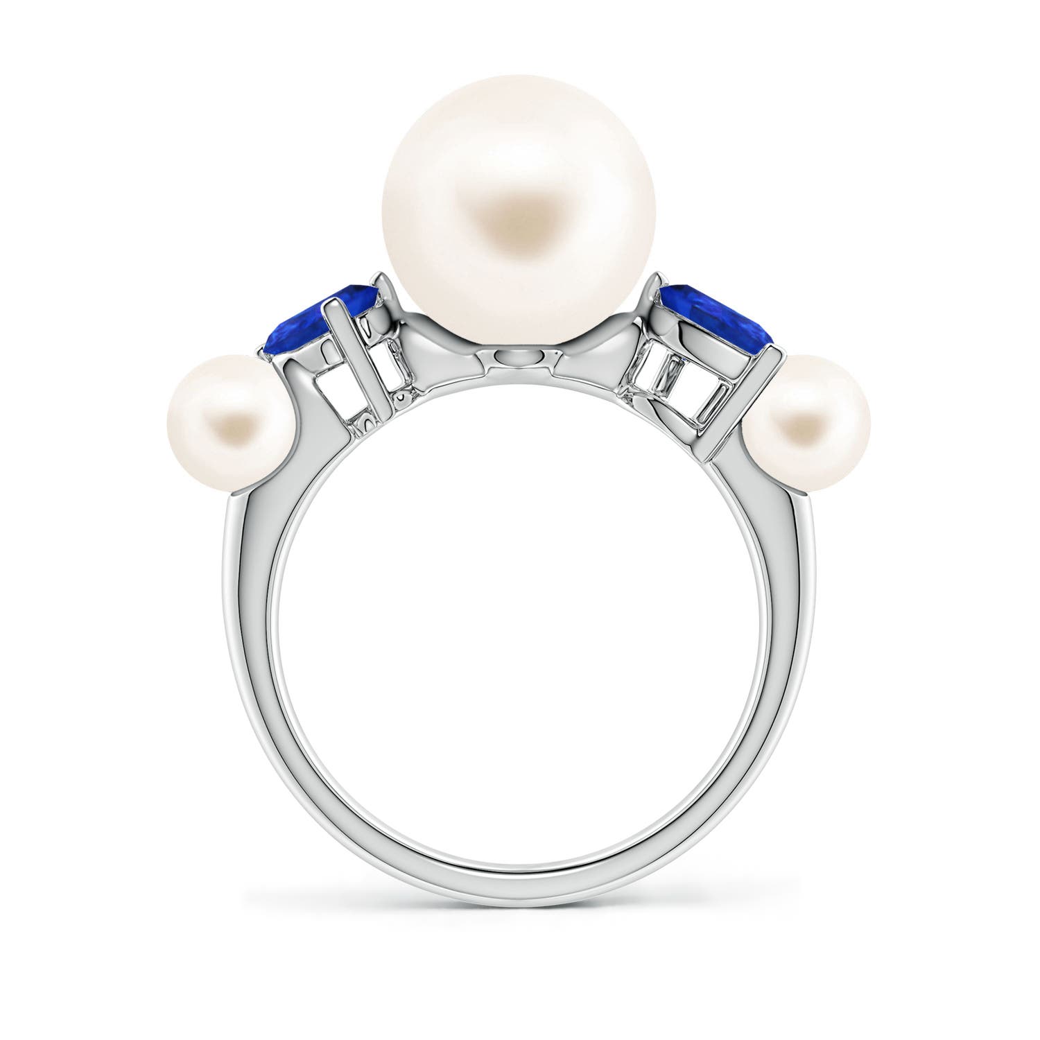 10mm AAA Freshwater Pearl and Tilted Pear Tanzanite Tapered Shank Ring in White Gold