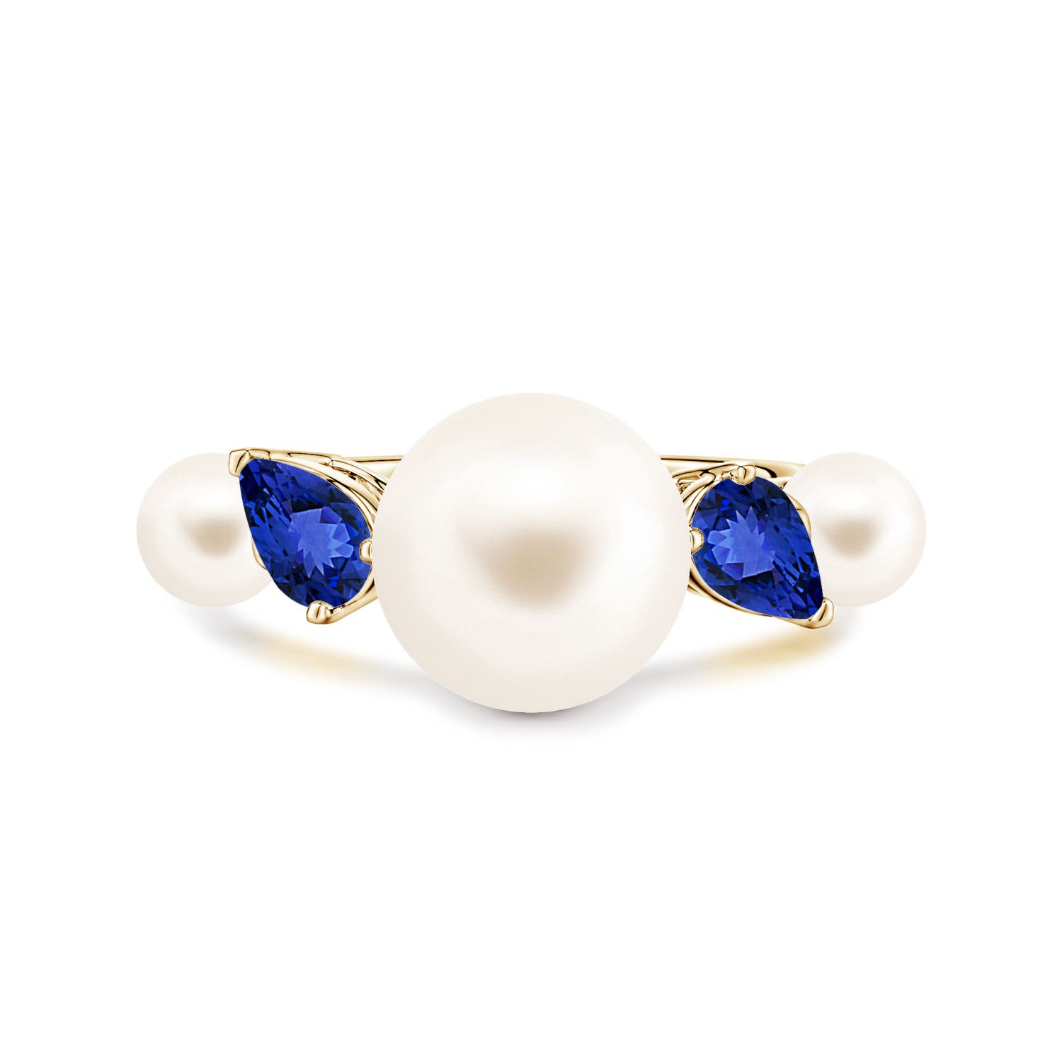 10mm AAA Freshwater Pearl and Tilted Pear Tanzanite Tapered Shank Ring in Yellow Gold