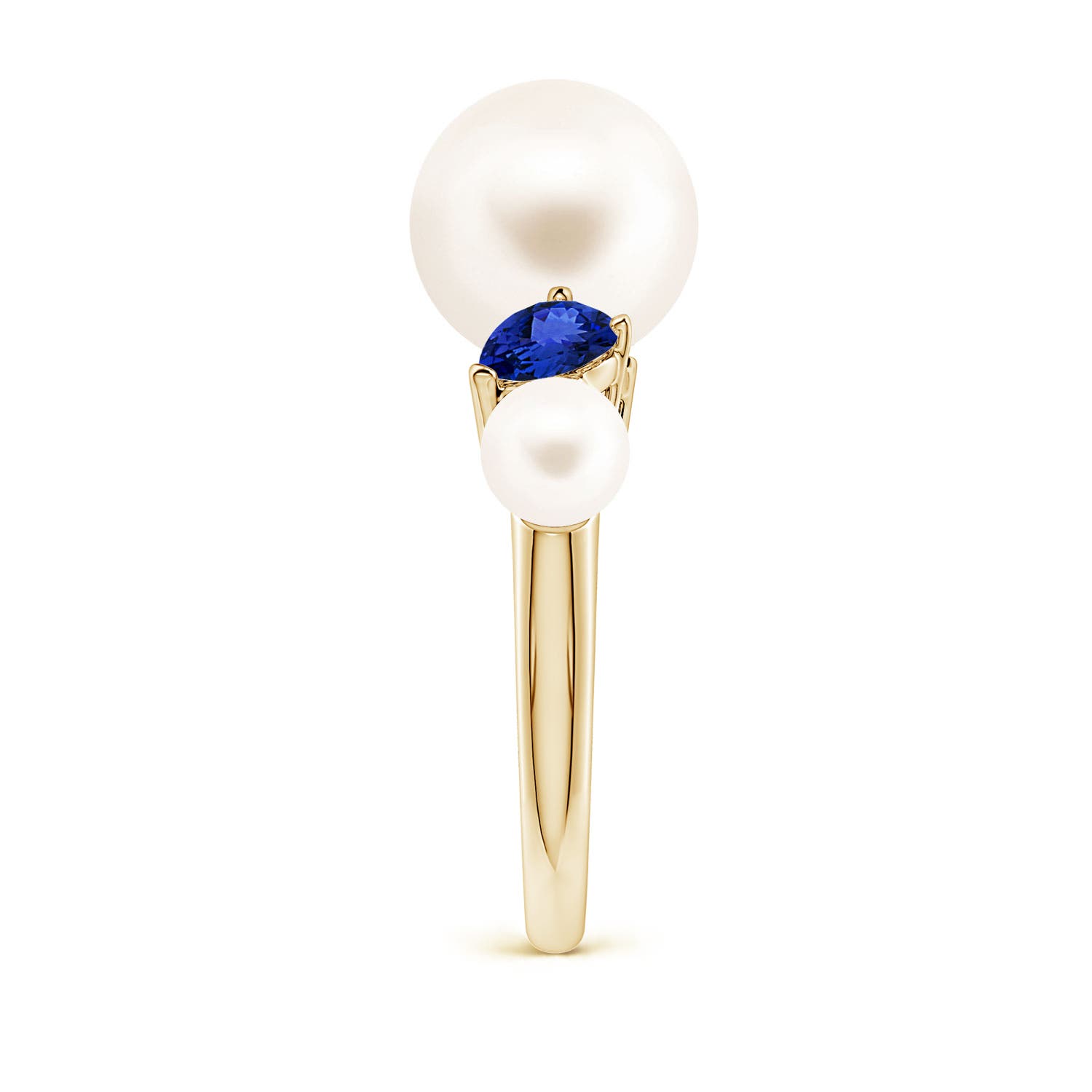 10mm AAA Freshwater Pearl and Tilted Pear Tanzanite Tapered Shank Ring in Yellow Gold - side 3