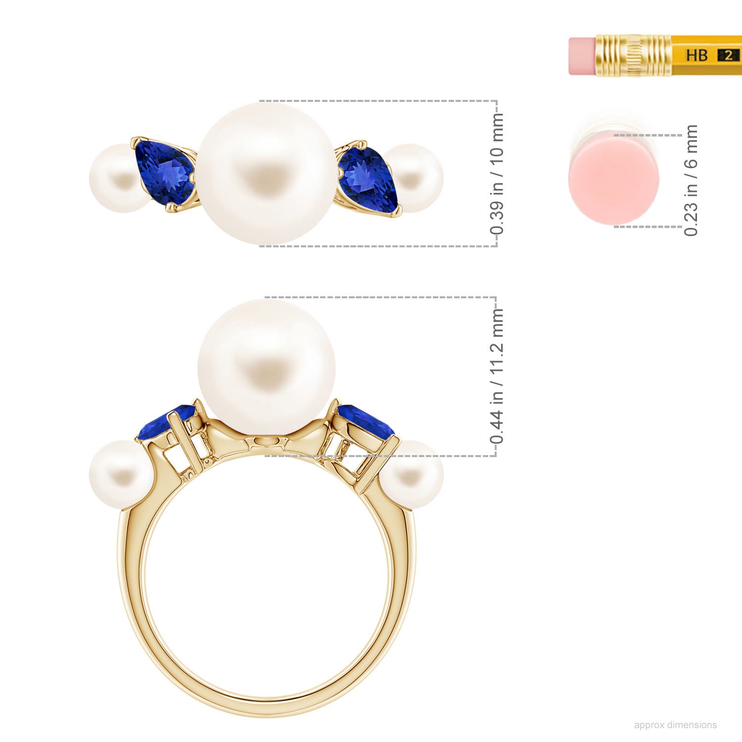 10mm AAA Freshwater Pearl and Tilted Pear Tanzanite Tapered Shank Ring in Yellow Gold - ruler