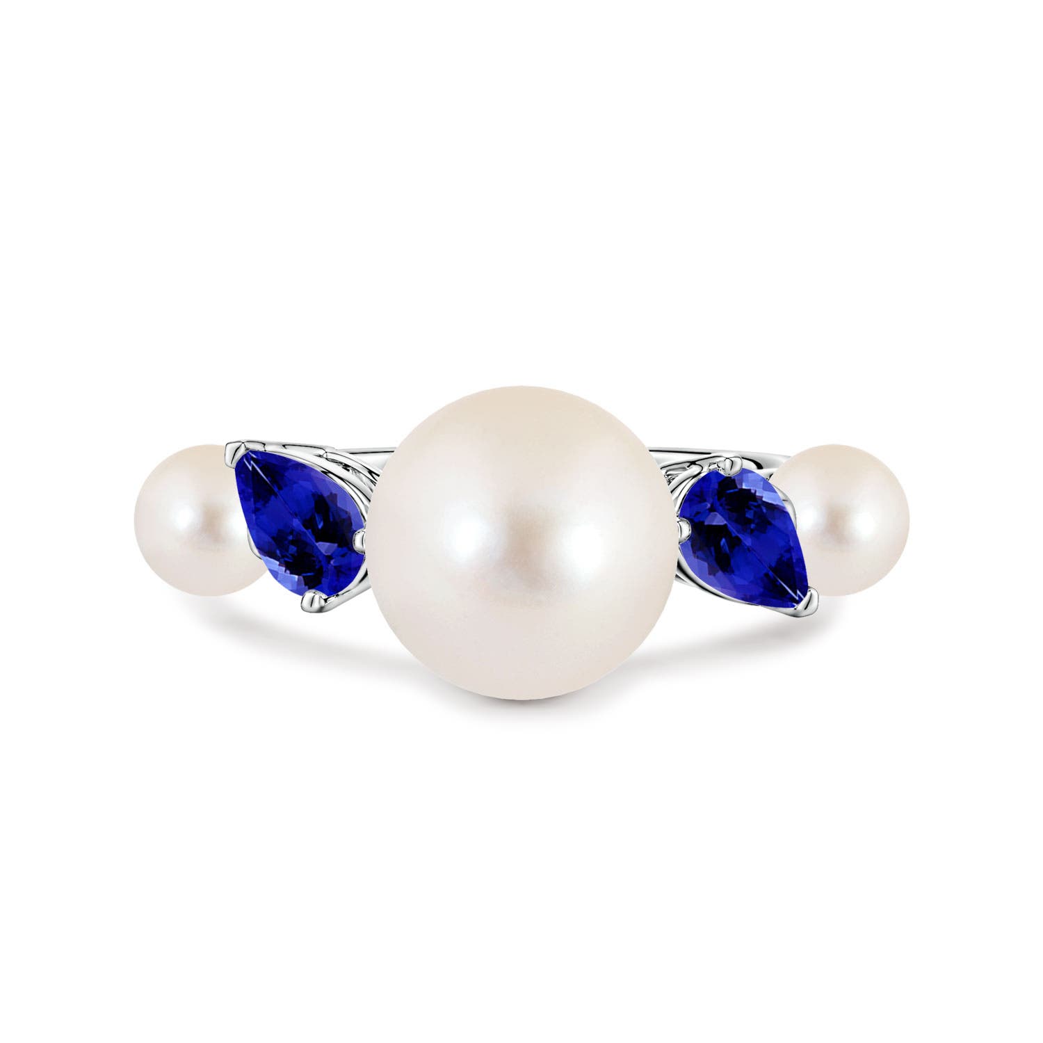 10mm AAAA Freshwater Pearl and Tilted Pear Tanzanite Tapered Shank Ring in White Gold
