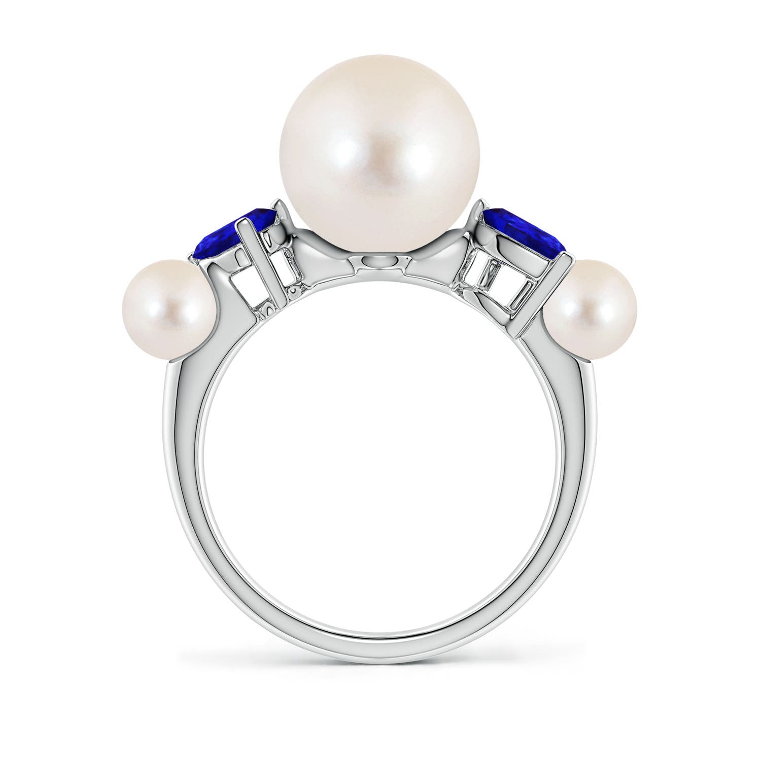 10mm AAAA Freshwater Pearl and Tilted Pear Tanzanite Tapered Shank Ring in White Gold