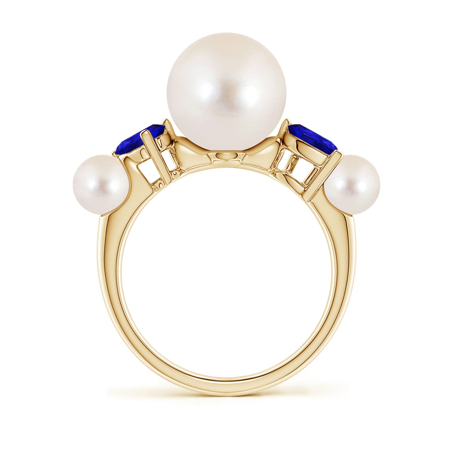 10mm AAAA Freshwater Pearl and Tilted Pear Tanzanite Tapered Shank Ring in Yellow Gold