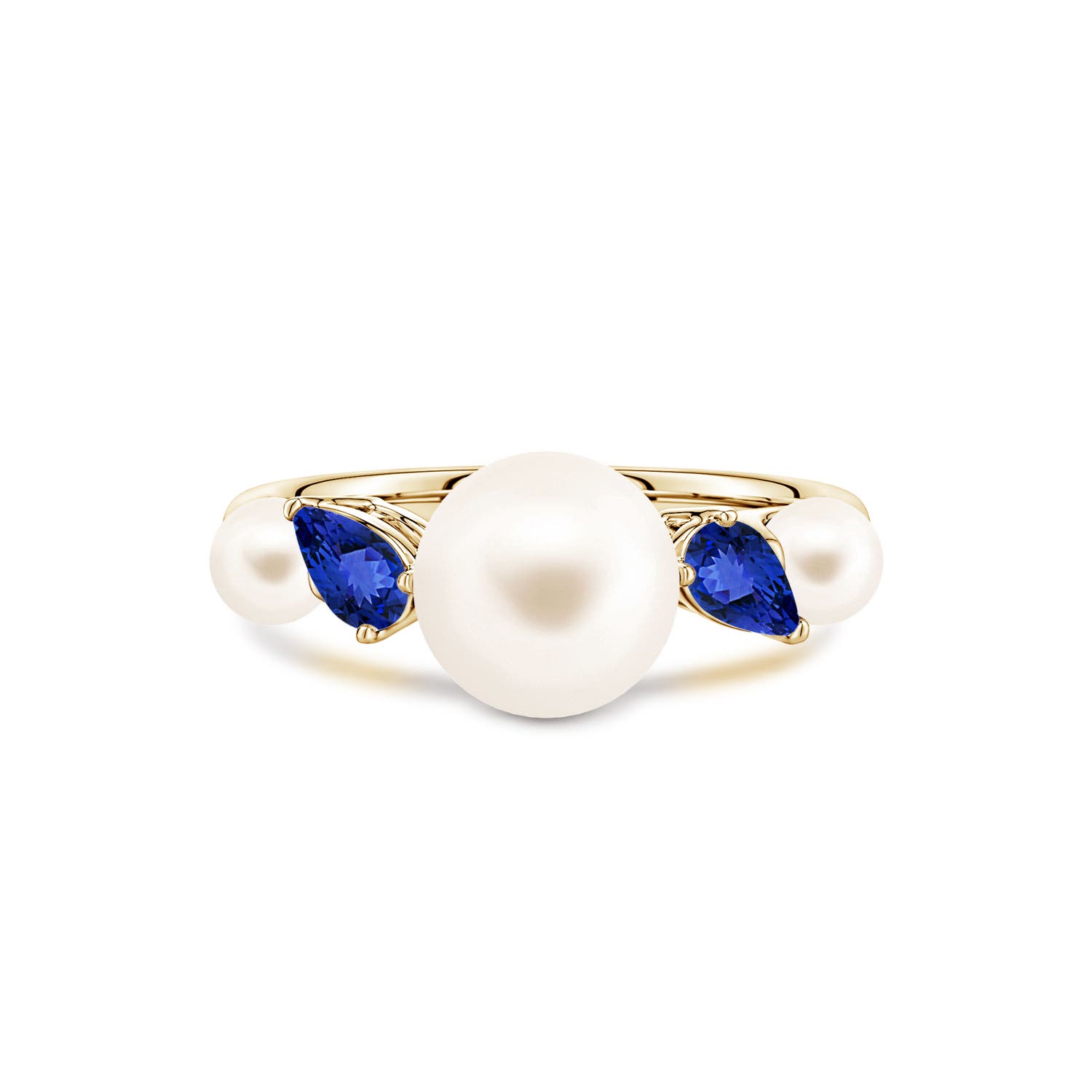 8mm AAA Freshwater Pearl and Tilted Pear Tanzanite Tapered Shank Ring in Yellow Gold