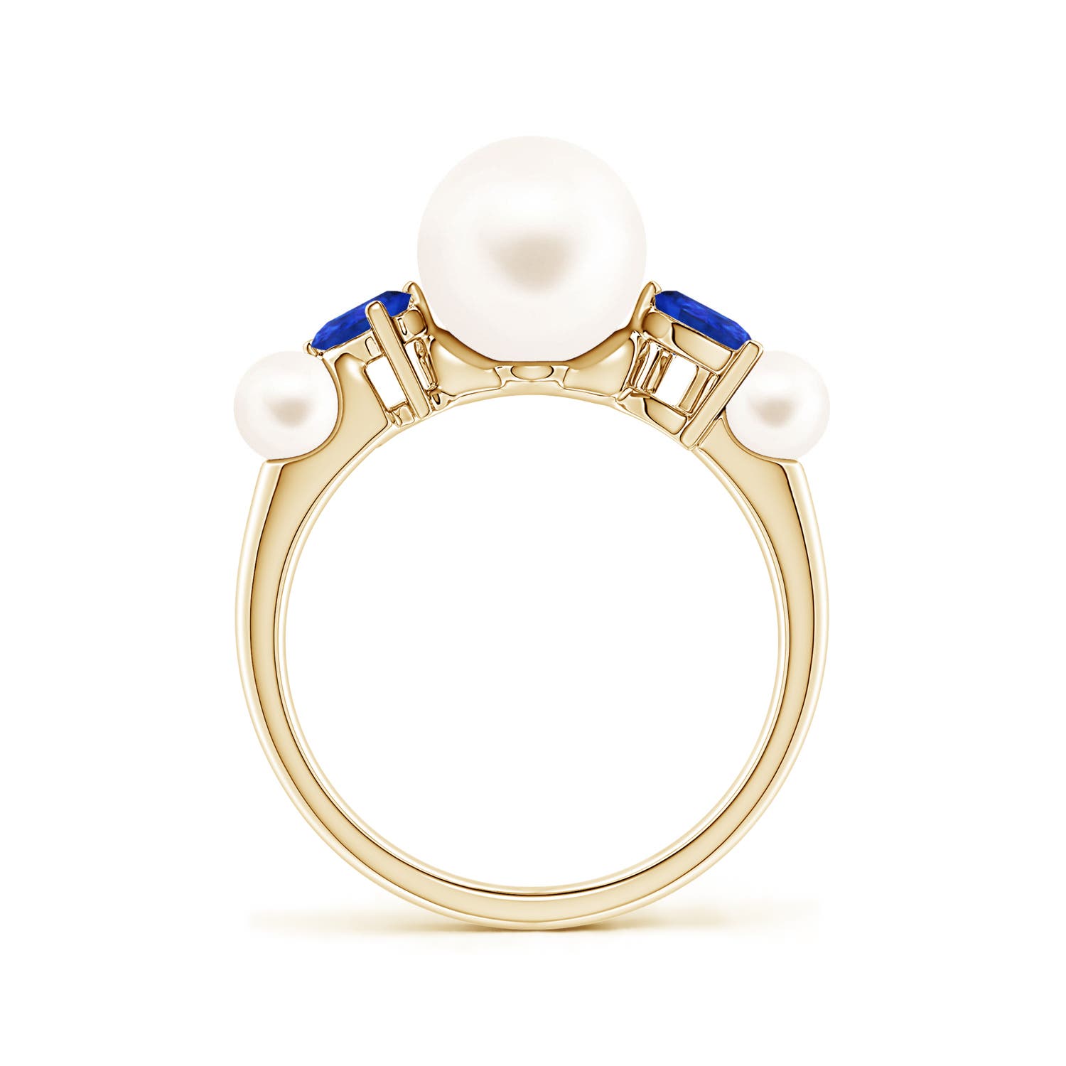 8mm AAA Freshwater Pearl and Tilted Pear Tanzanite Tapered Shank Ring in Yellow Gold