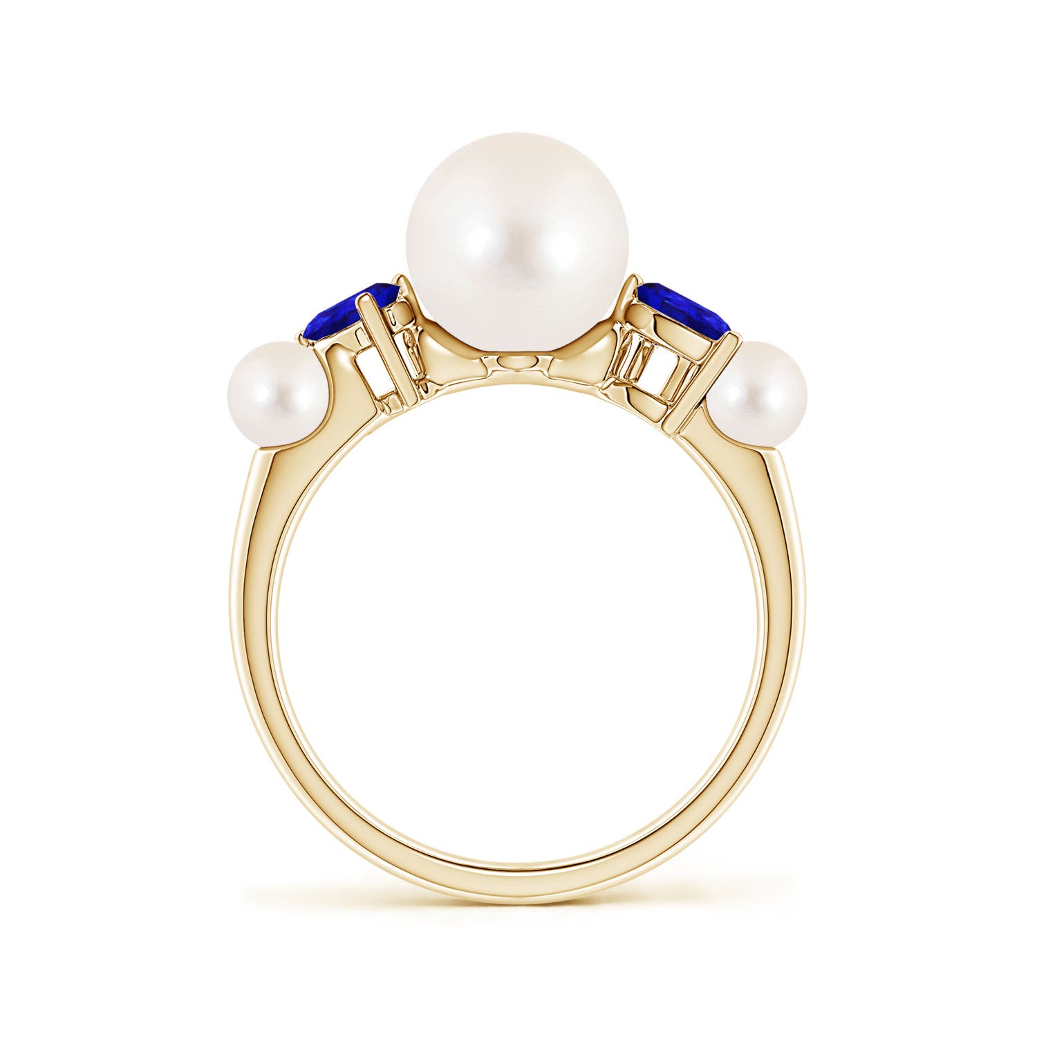 8mm AAAA Freshwater Pearl and Tilted Pear Tanzanite Tapered Shank Ring in Yellow Gold