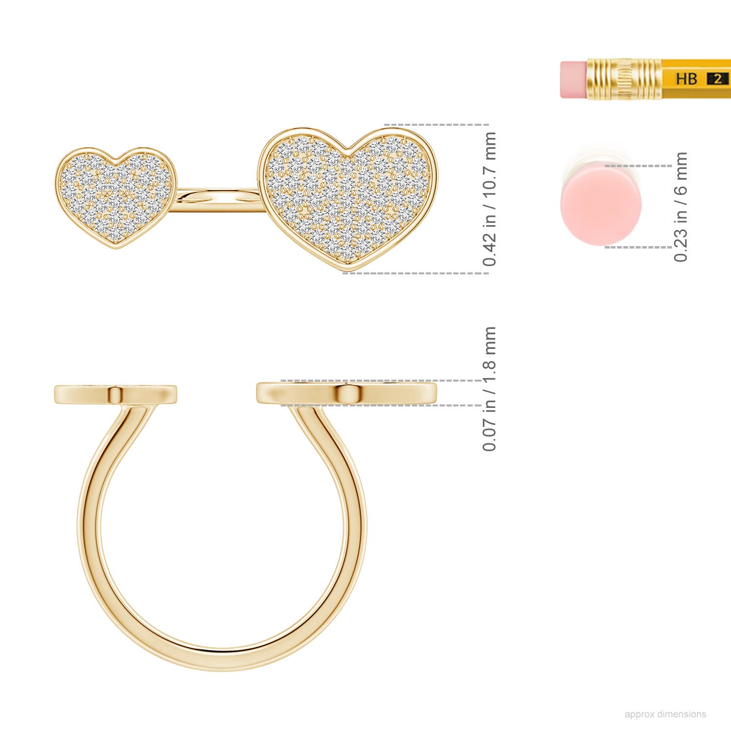 1.1mm HSI2 Pavé Diamond Double Heart Open Ring in Yellow Gold - ruler