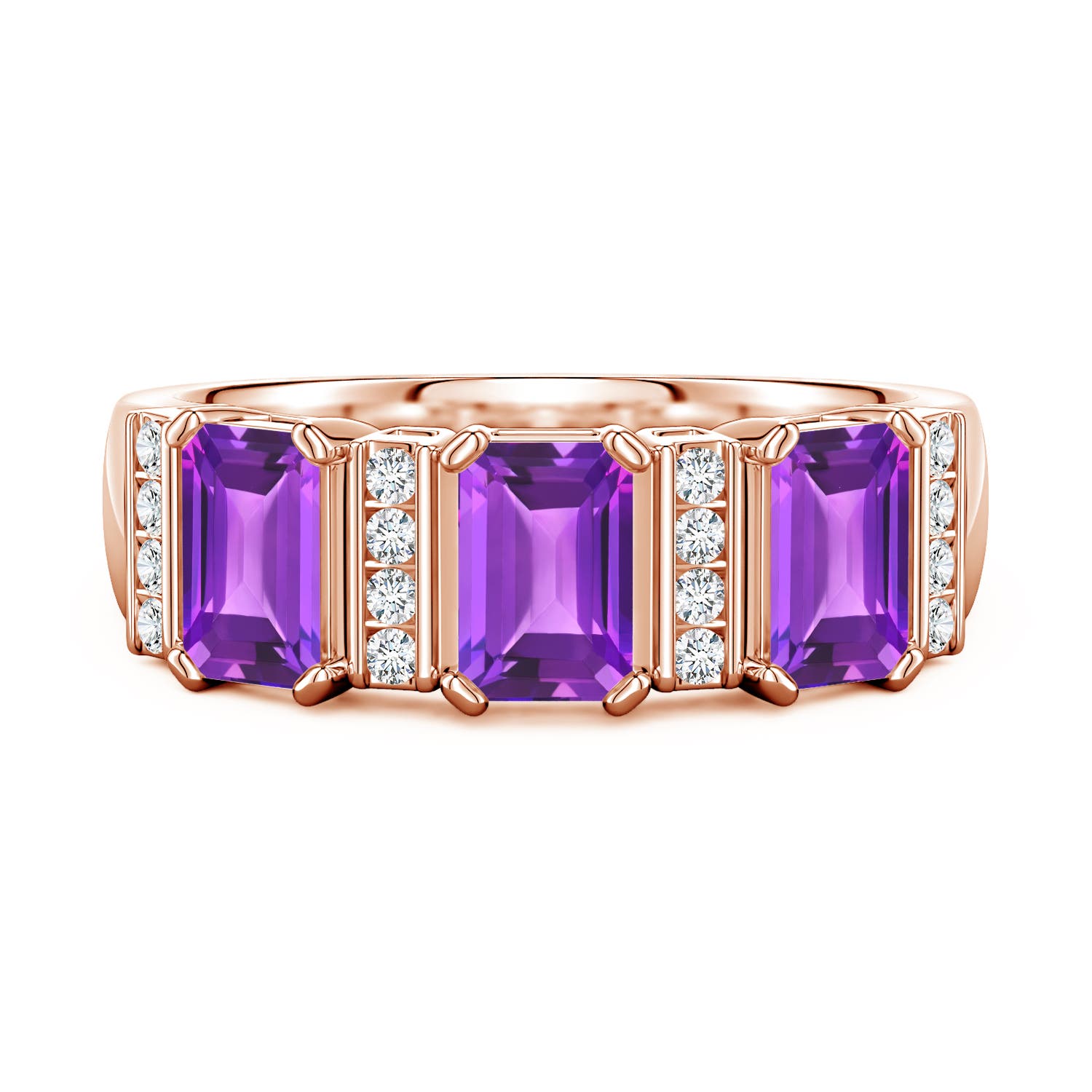 6x4mm AAA Lee Harris x Angara Amethyst and Diamond Modern Art Deco Inspired Semi Eternity Ring in Rose Gold
