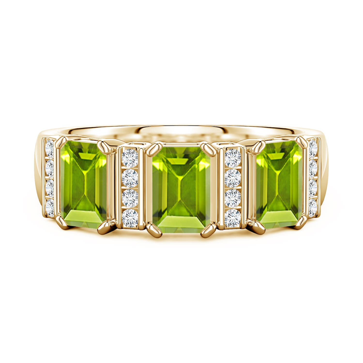 6x4mm AAA Lee Harris x Angara Peridot and Diamond Modern Art Deco Inspired Semi Eternity Ring in Yellow Gold