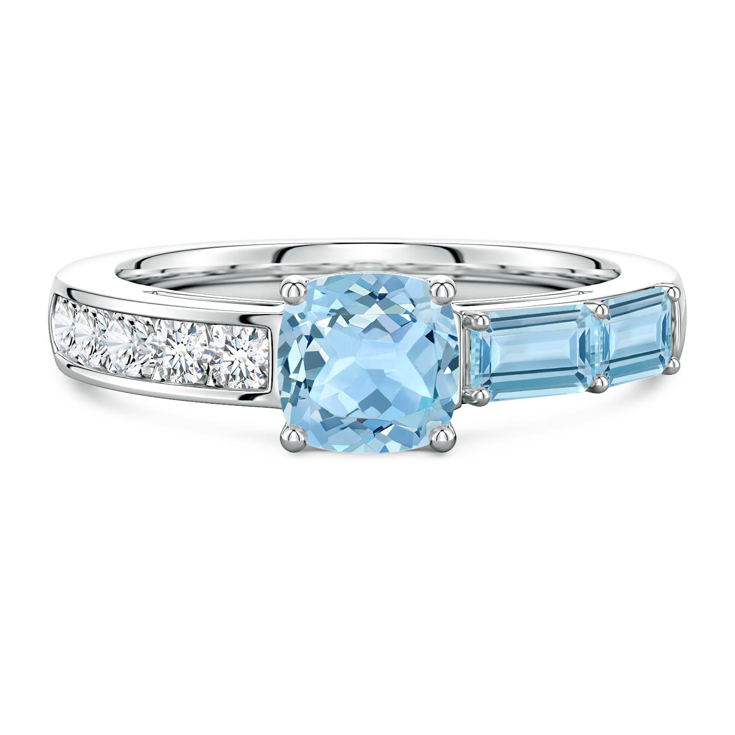 6mm AAA Lee Harris x Angara Cushion Aquamarine Modern Art Deco Inspired Side Stone Ring in White Gold