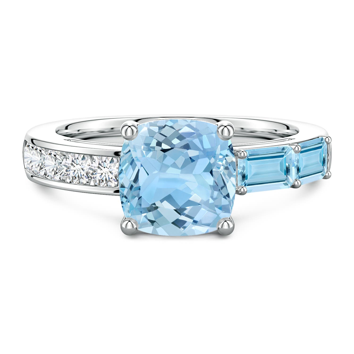8mm AAAA Lee Harris x Angara Cushion Aquamarine Modern Art Deco Inspired Side Stone Ring in 18K White Gold
