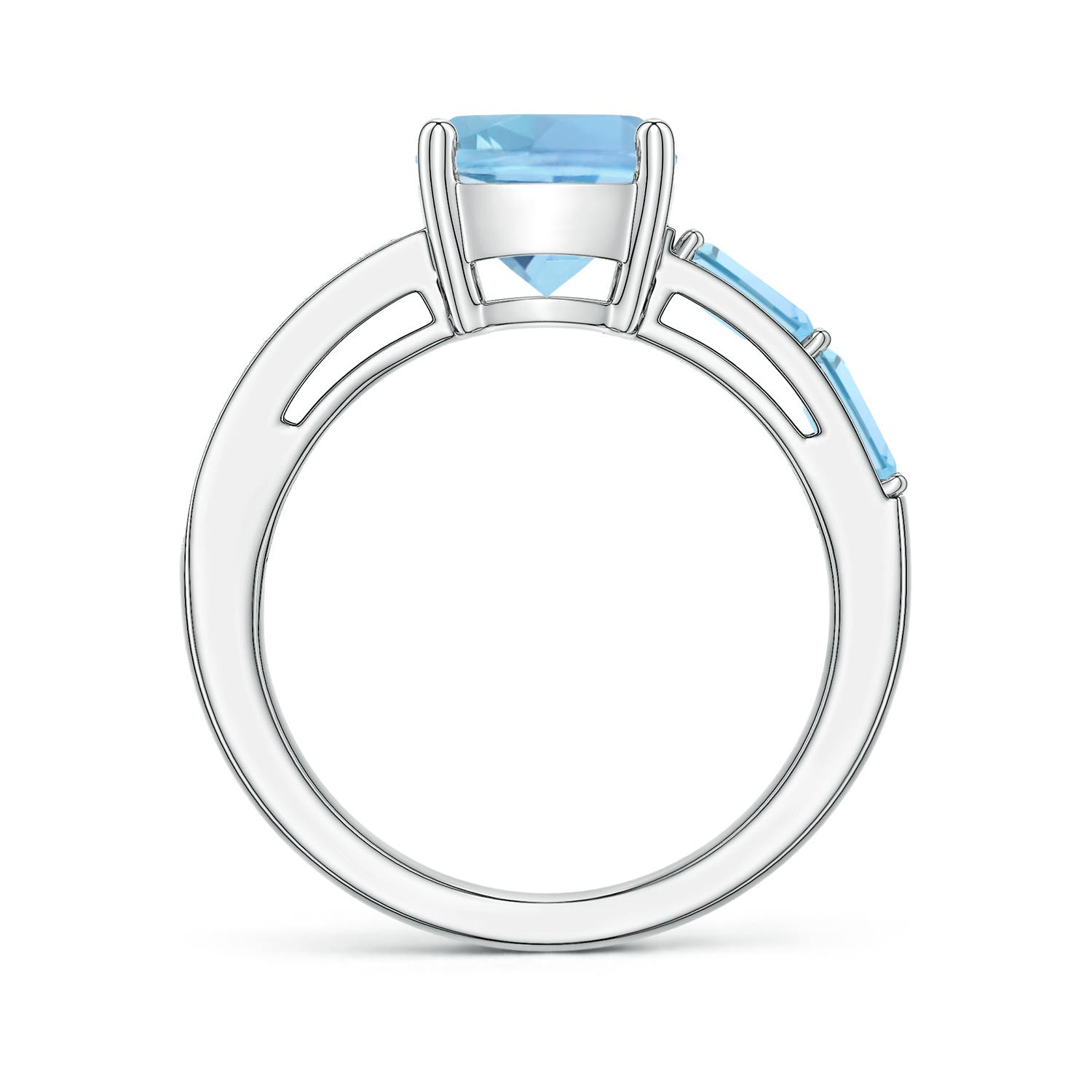 8mm AAAA Lee Harris x Angara Cushion Aquamarine Modern Art Deco Inspired Side Stone Ring in 18K White Gold