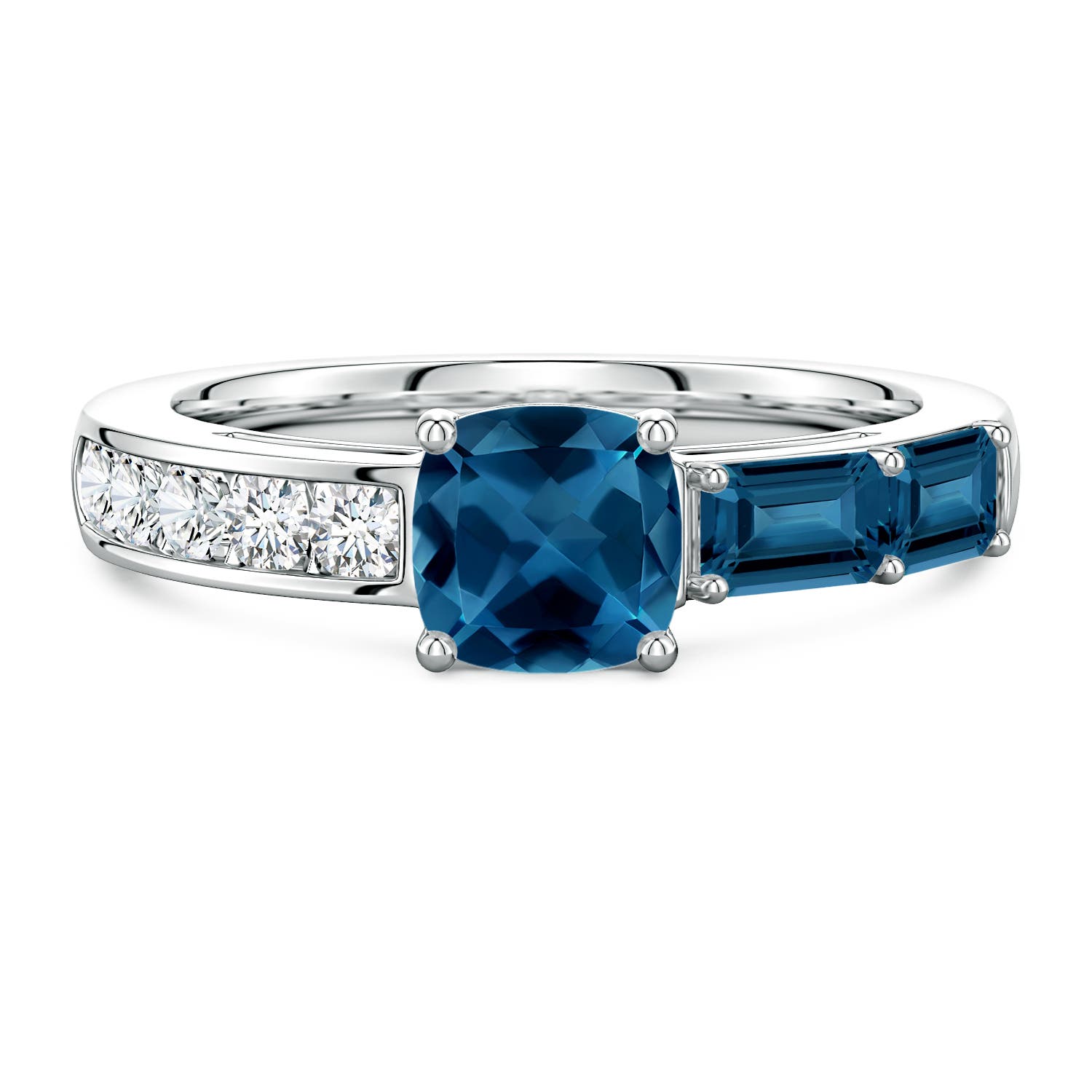 6mm AAA Lee Harris x Angara Cushion London Blue Topaz Modern Art Deco Inspired Side Stone Ring in White Gold