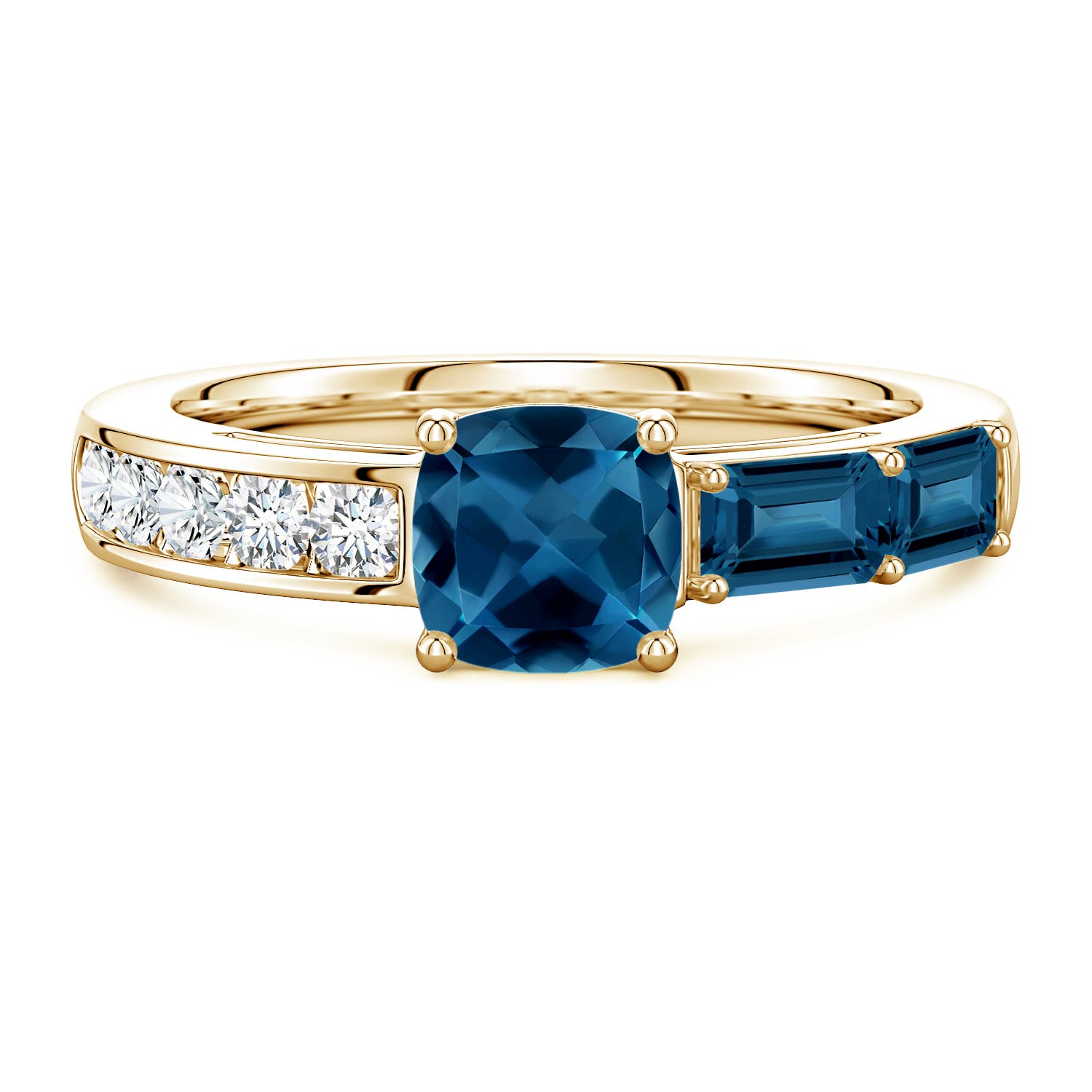 6mm AAA Lee Harris x Angara Cushion London Blue Topaz Modern Art Deco Inspired Side Stone Ring in Yellow Gold