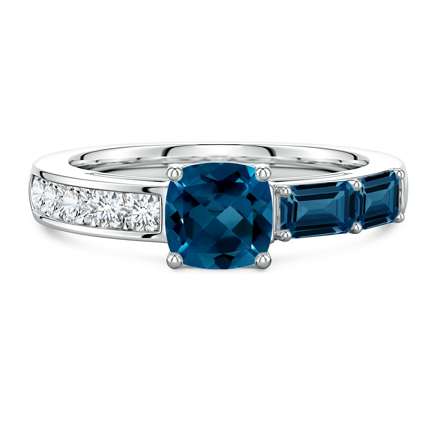 6mm AAAA Lee Harris x Angara Cushion London Blue Topaz Modern Art Deco Inspired Side Stone Ring in 18K White Gold
