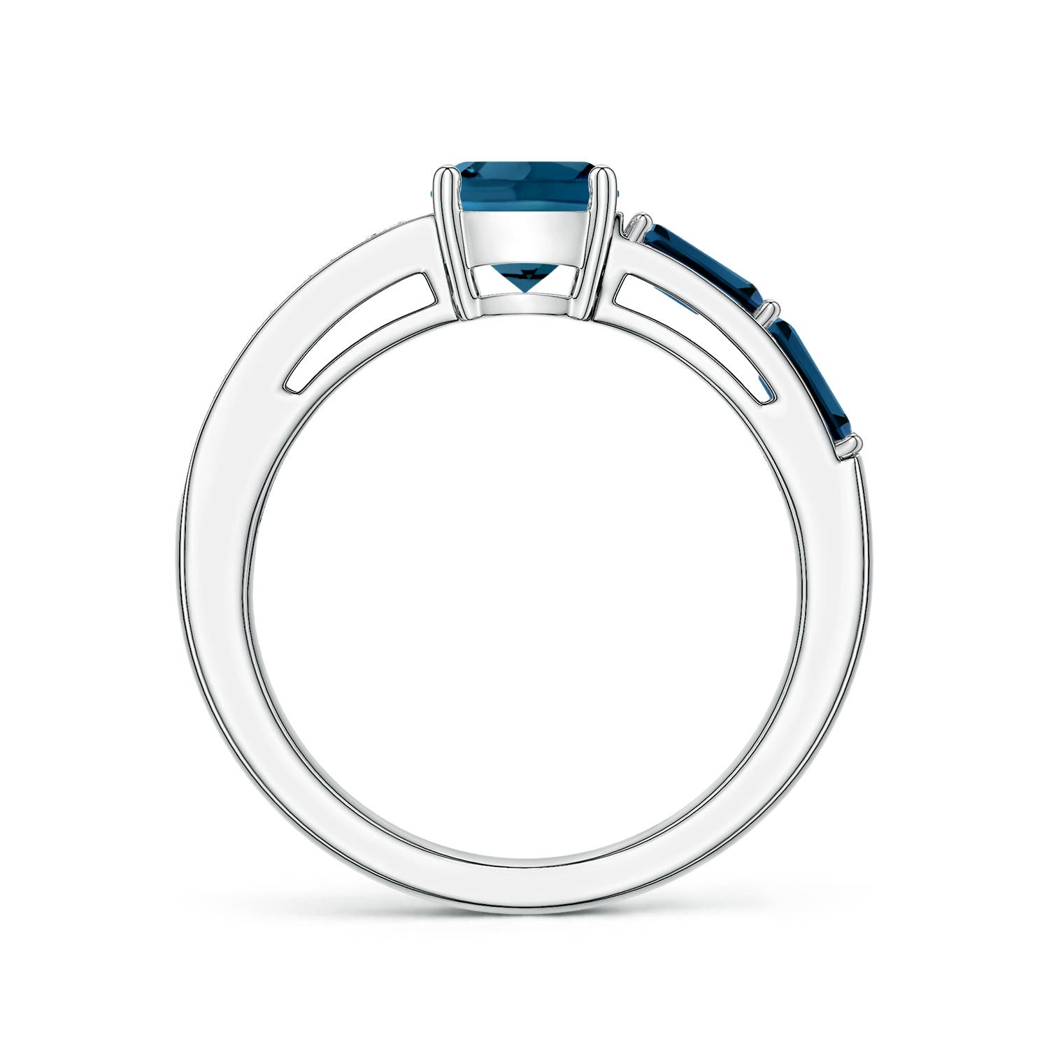 6mm AAAA Lee Harris x Angara Cushion London Blue Topaz Modern Art Deco Inspired Side Stone Ring in White Gold