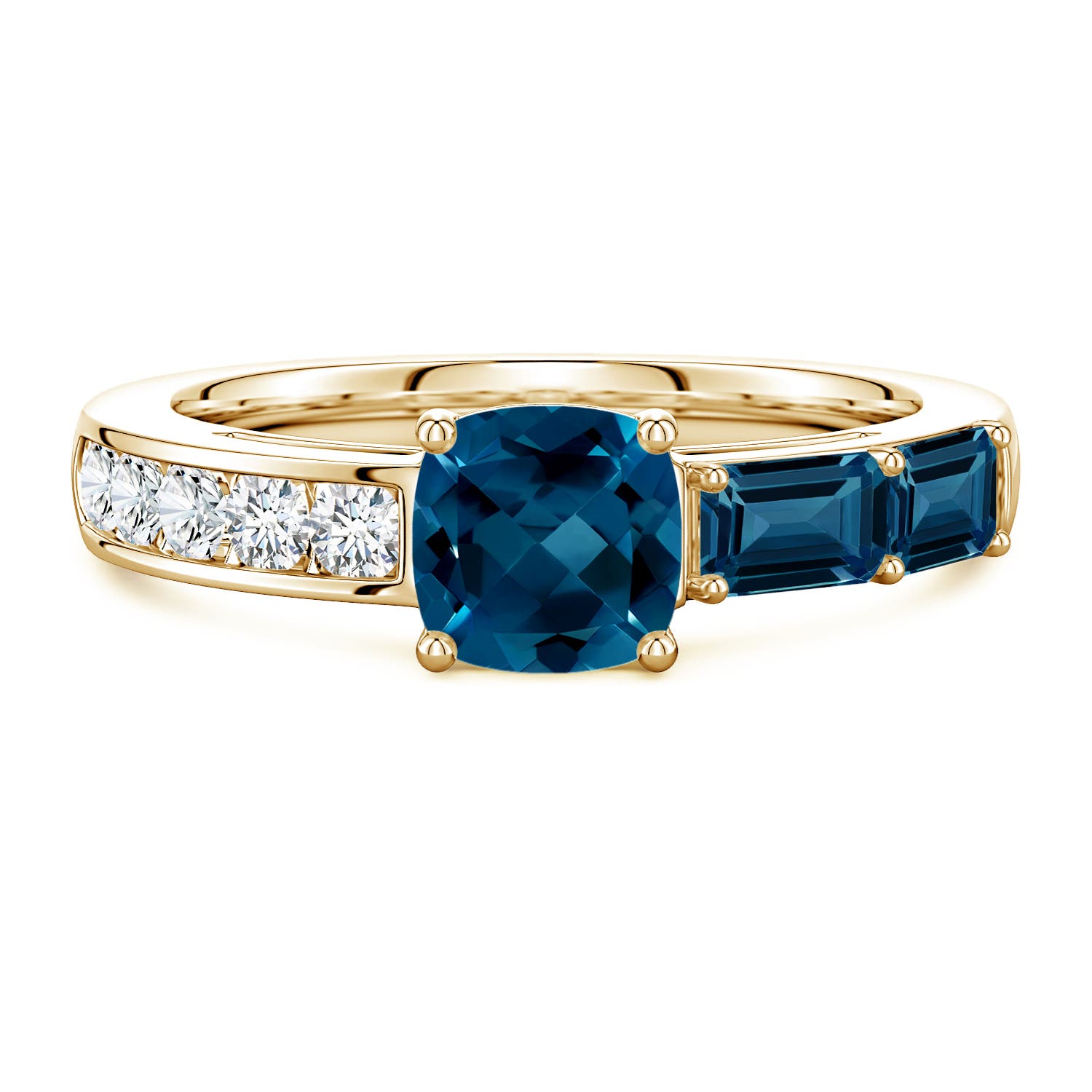 6mm AAAA Lee Harris x Angara Cushion London Blue Topaz Modern Art Deco Inspired Side Stone Ring in Yellow Gold