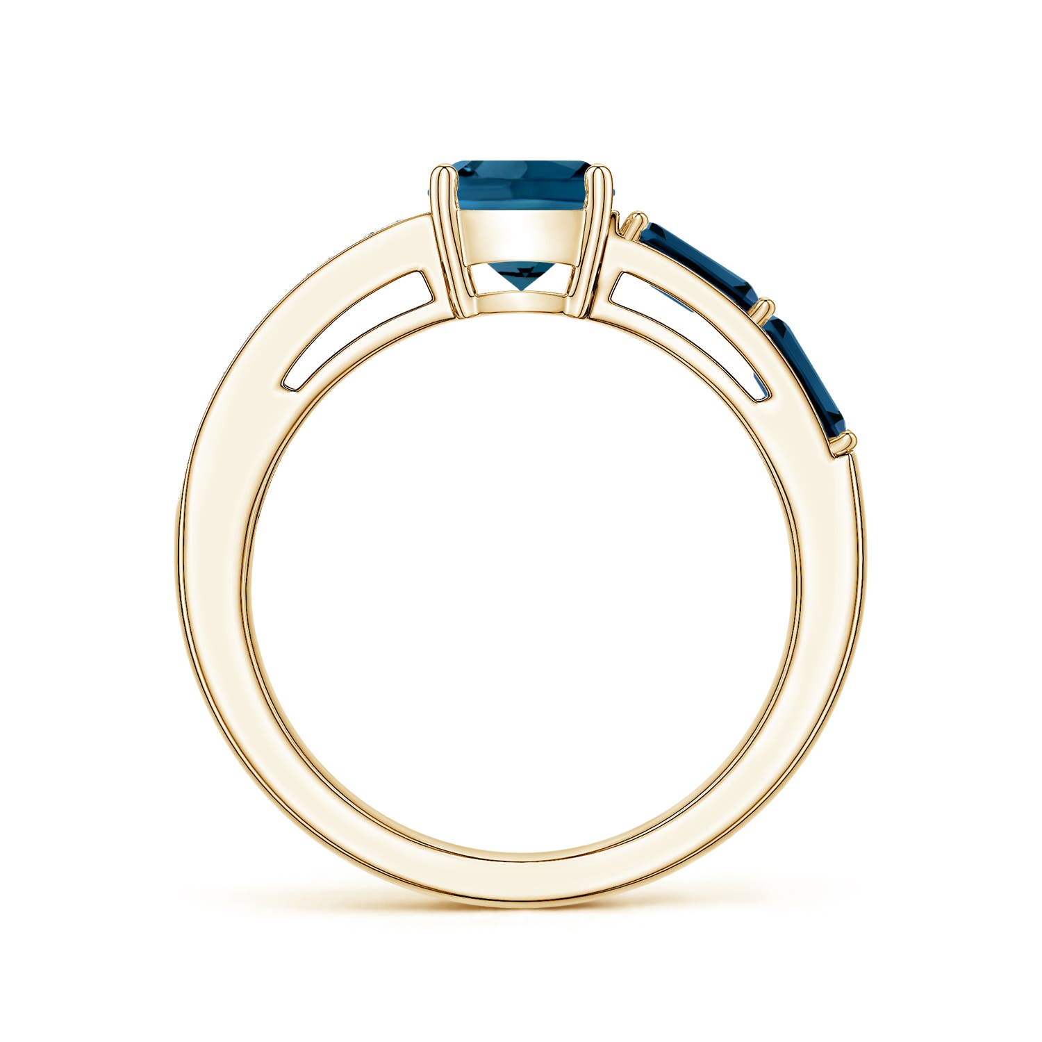 6mm AAAA Lee Harris x Angara Cushion London Blue Topaz Modern Art Deco Inspired Side Stone Ring in Yellow Gold