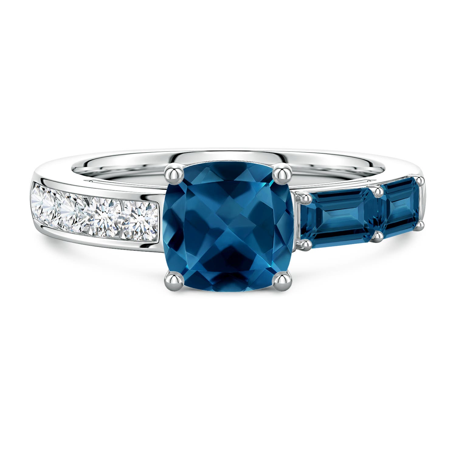 7mm AAA Lee Harris x Angara Cushion London Blue Topaz Modern Art Deco Inspired Side Stone Ring in White Gold
